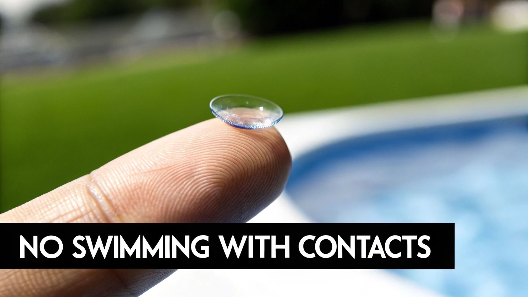 Close-up of a finger holding a contact lens with a swimming pool in the background, text says 'No Swimming with Contacts'.