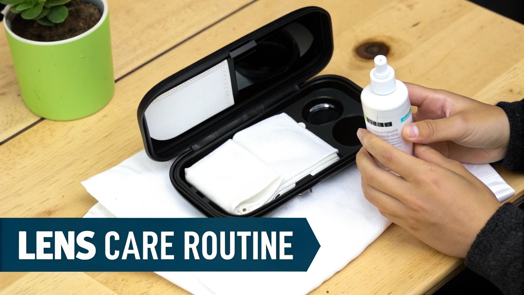 Hands holding a lens solution bottle next to an open contact lens care kit on a wooden table.