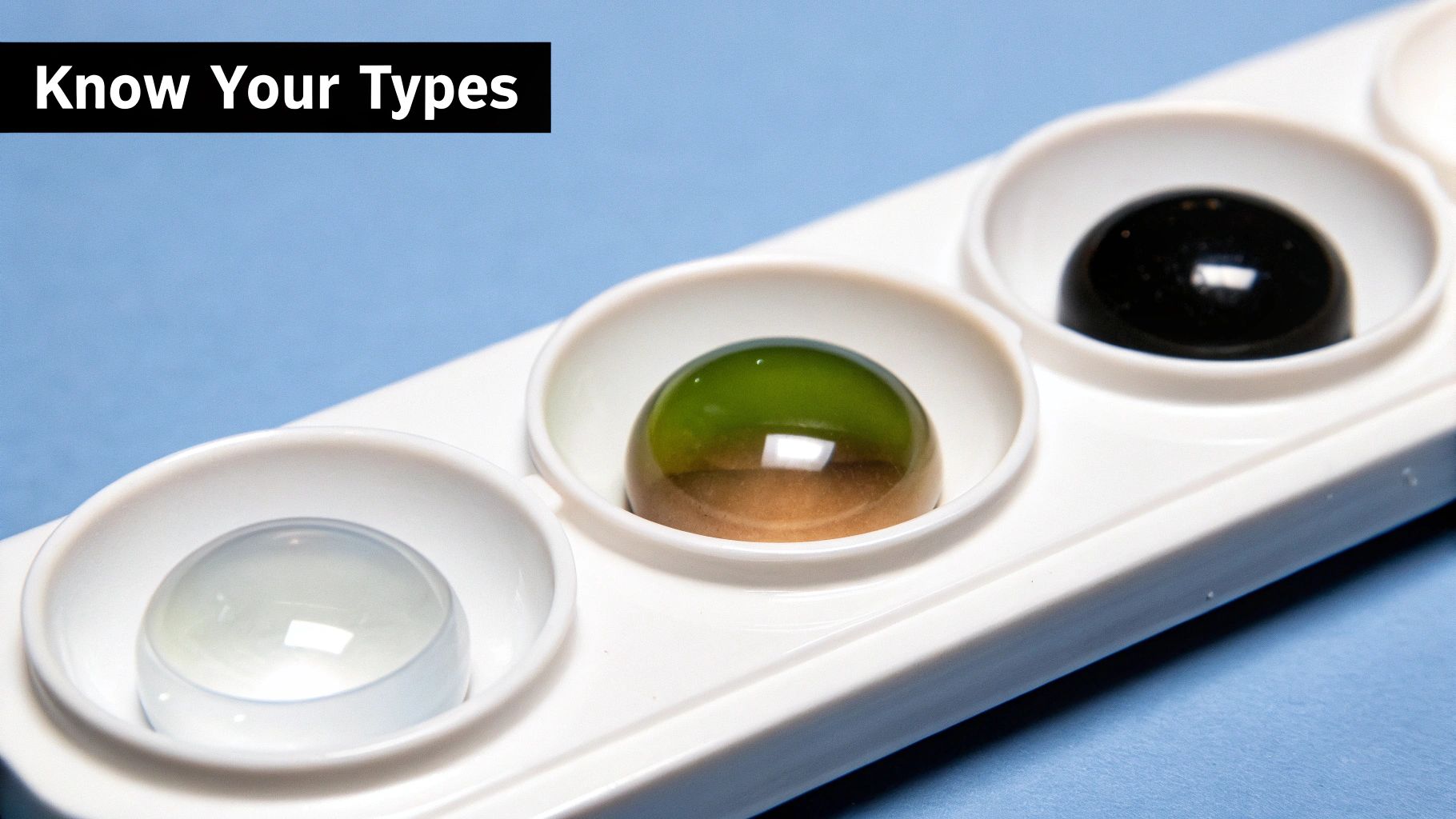 Three translucent and opaque dome-shaped samples in white dishes on a blue background, with text 'Know Your Types'.