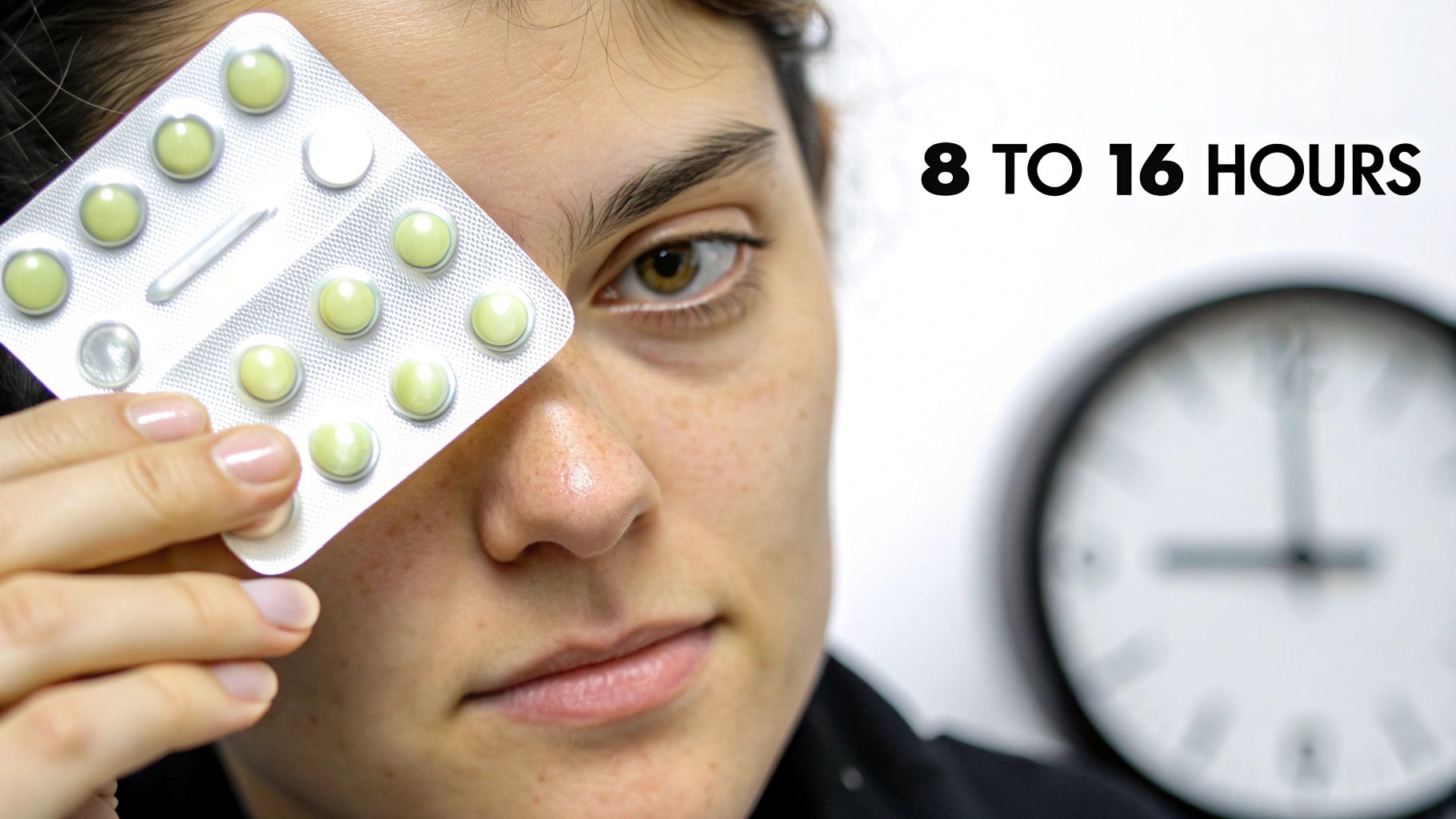 A woman holds a blister pack of green pills over her eye, with a clock and '8 TO 16 HOURS' in the background.