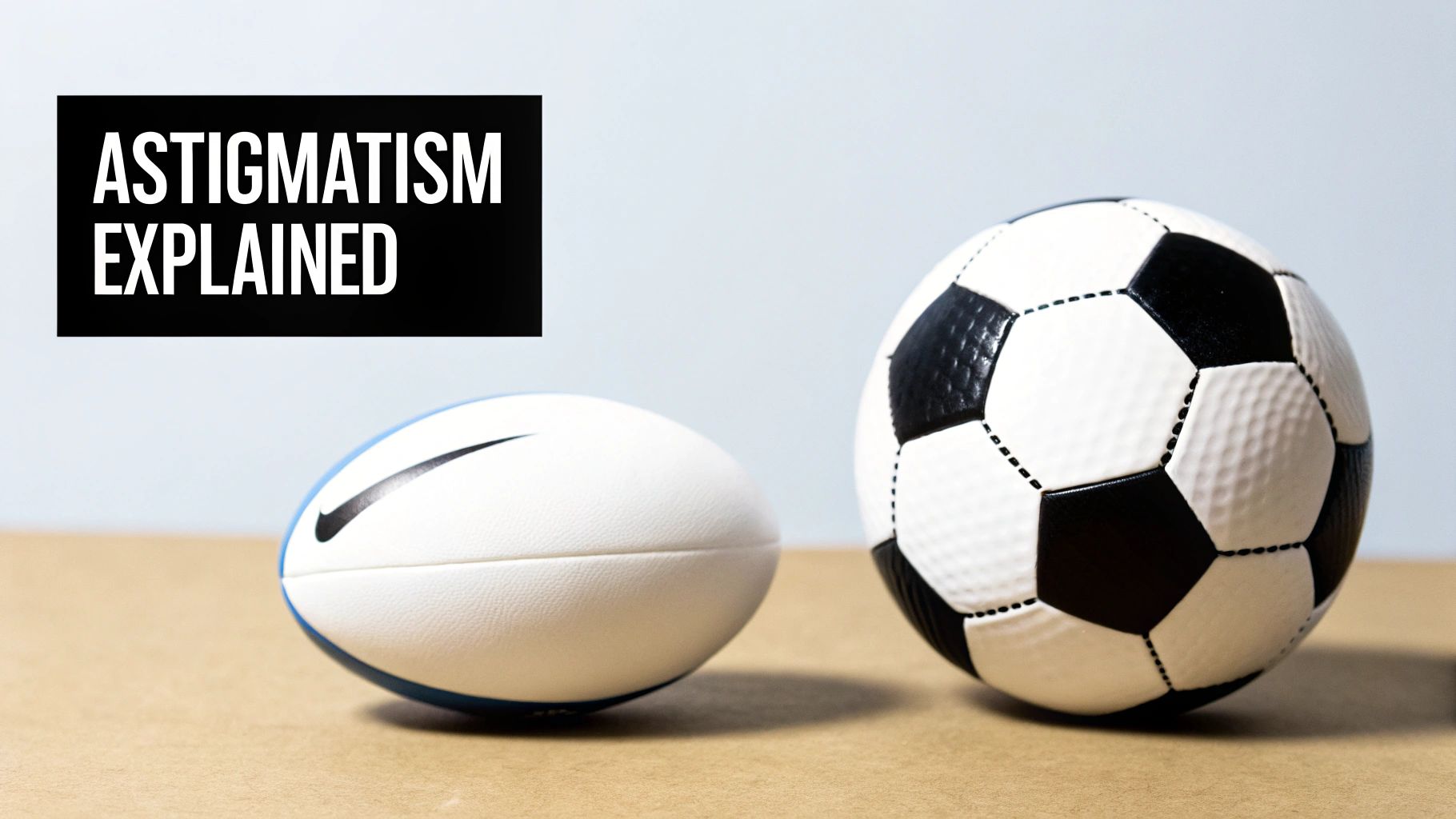 A black banner with 'ASTIGMATISM EXPLAINED' text, next to a soccer ball and a rugby ball.