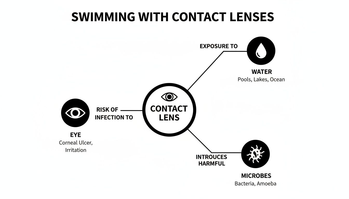 Diagram showing risks of swimming with contact lenses: water exposure, harmful microbes, eye infection.