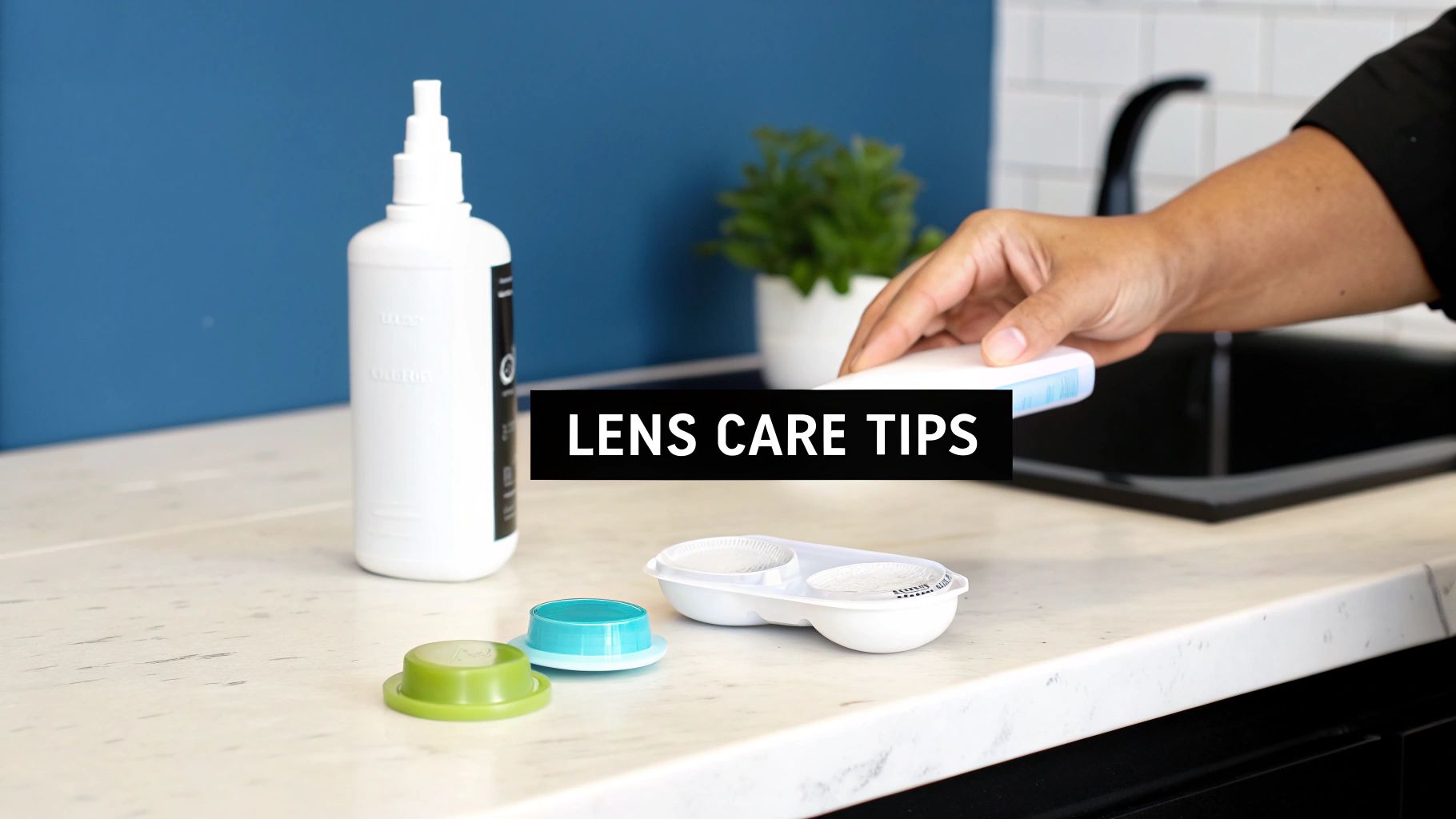A person demonstrates contact lens care with solution, case, and colorful caps on a clean counter.