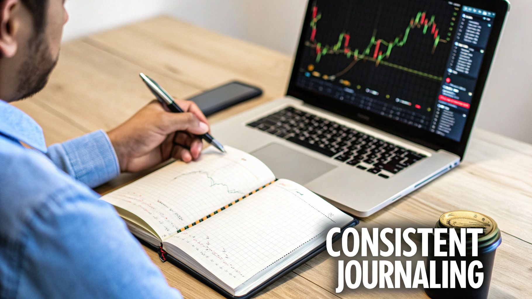 A person writing in a journal on a wooden desk, with a laptop showing financial charts.