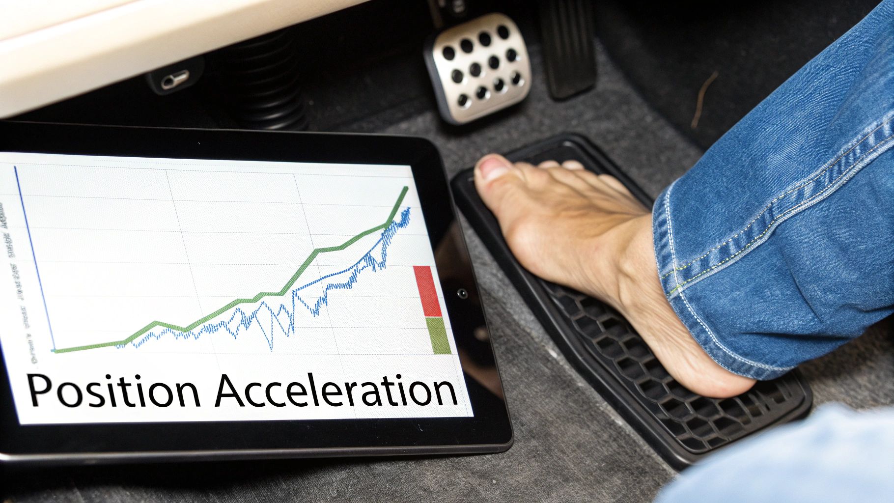 A bare foot rests on a car pedal next to a tablet displaying an upward-trending 'Position Acceleration' graph.