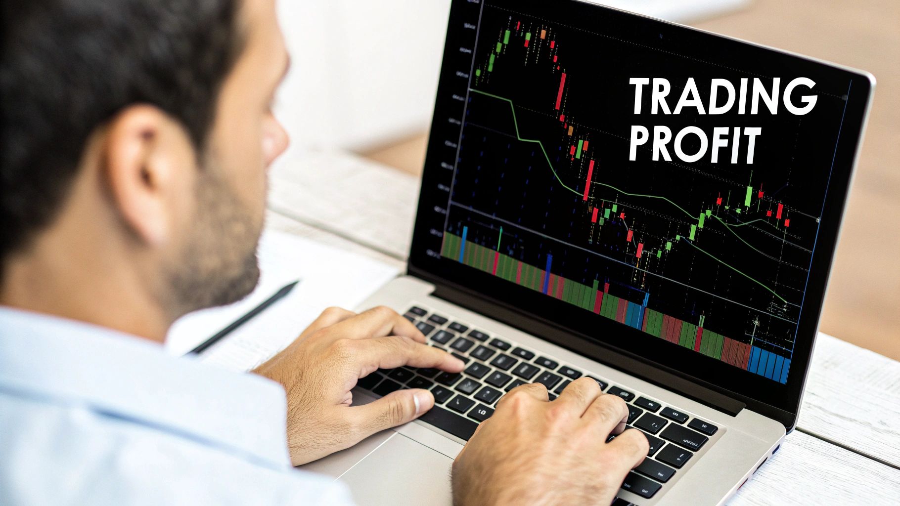 A trader analyzing profit and loss charts on a computer screen. A trader analyzing profit and loss charts on a computer screen.