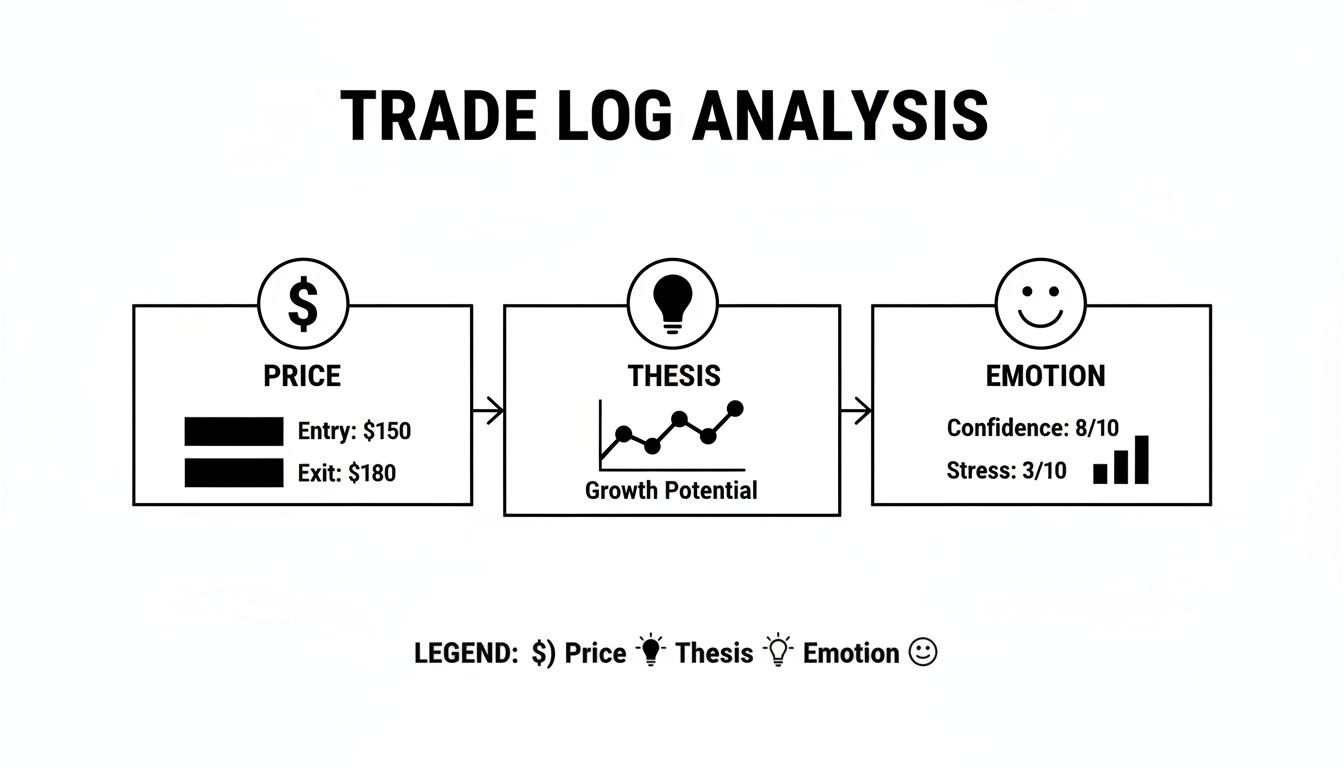 A diagram for trade log analysis, showing price, thesis, and emotional factors in trading. A diagram for trade log analysis, showing price, thesis, and emotional factors in trading.