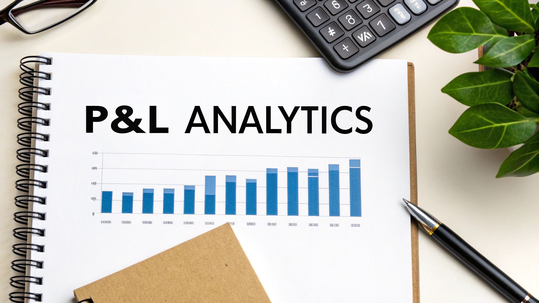 A desk flat lay shows a notebook with 'P&L Analytics' title and a bar chart, alongside office items.