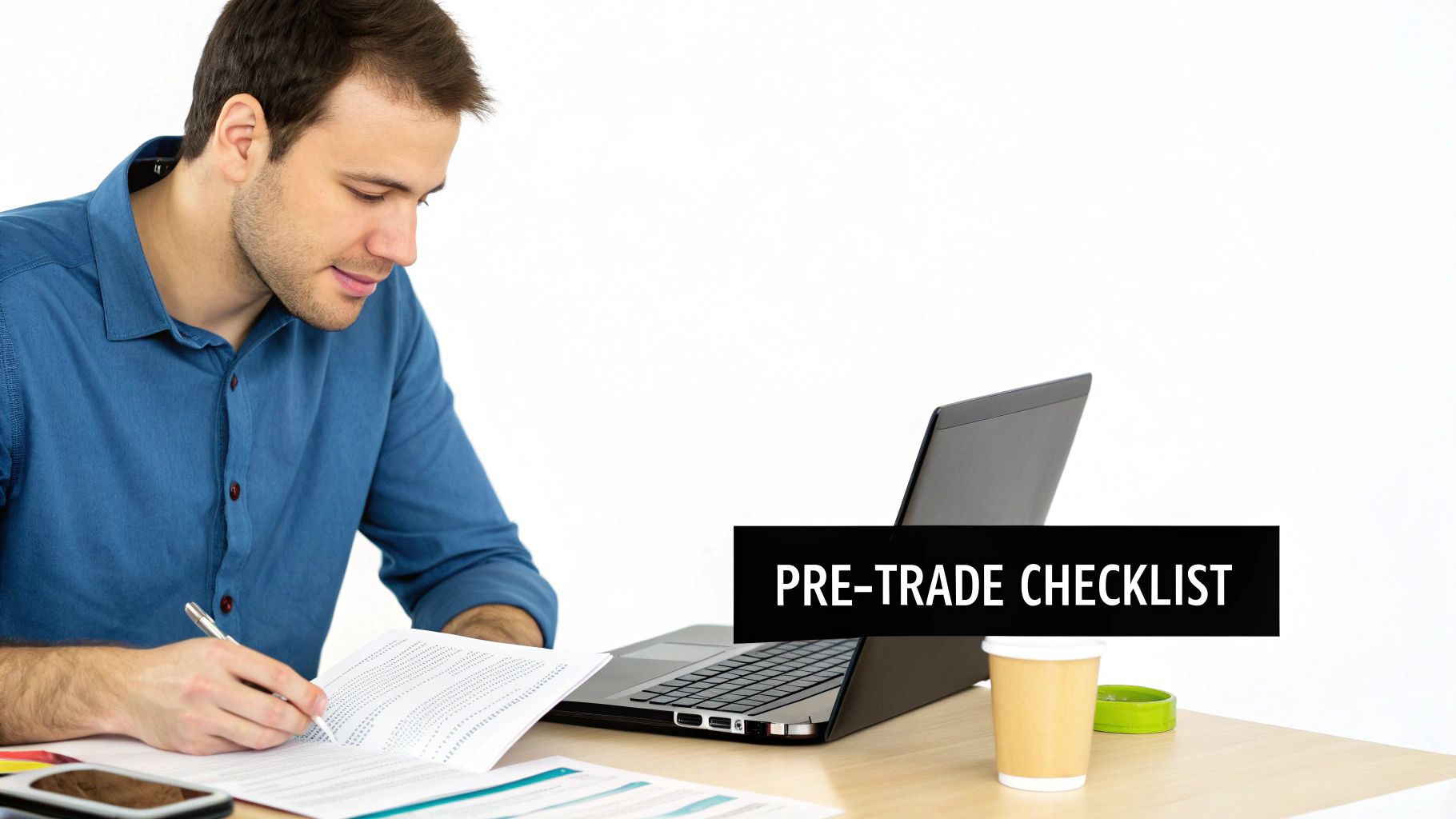 A man intently working at his desk, writing on documents next to a laptop, with 'PRE-TRADE CHECKLIST'. A man intently working at his desk, writing on documents next to a laptop, with 'PRE-TRADE CHECKLIST'.