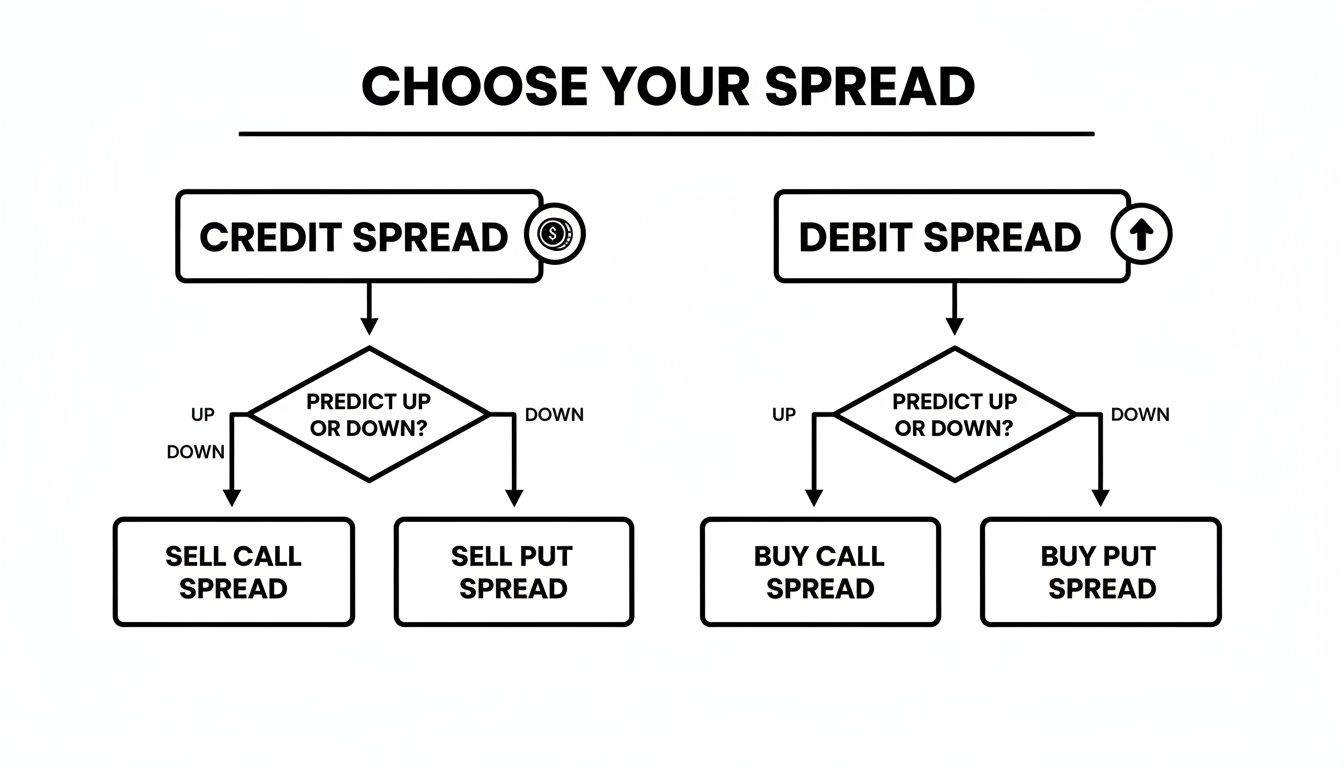 Flowchart guiding choices between credit and debit spreads based on market prediction.