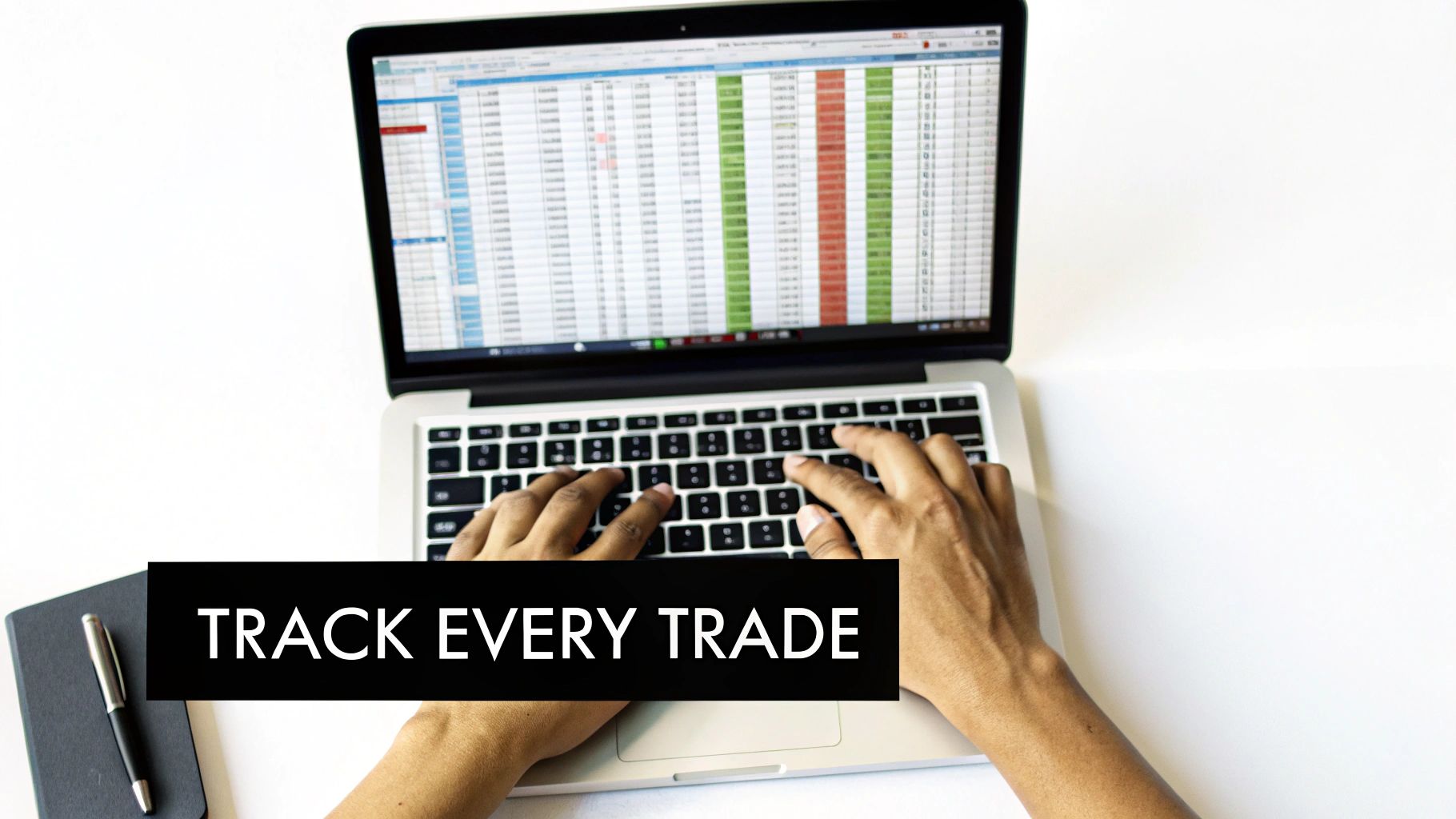 Overhead view of hands typing on a laptop, displaying a stock tracking spreadsheet.