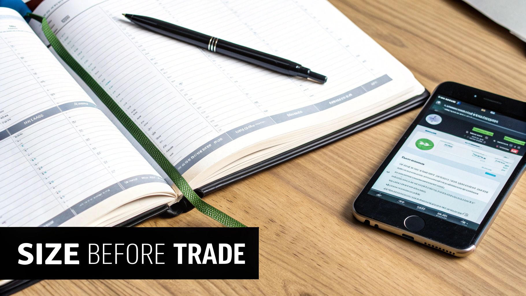 An open planner, a pen, and a smartphone displaying financial data on a wooden desk. An open planner, a pen, and a smartphone displaying financial data on a wooden desk.