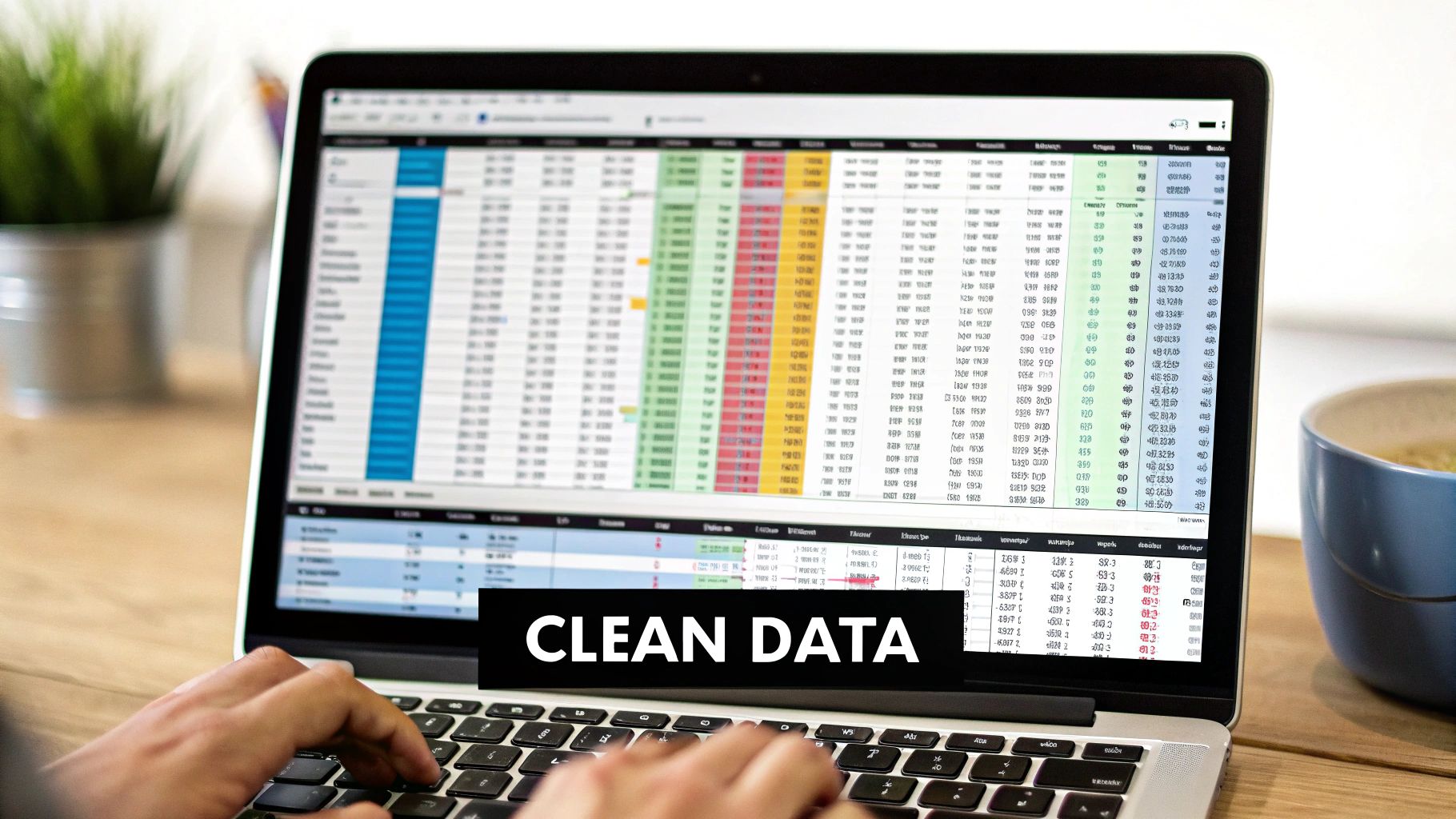 Person typing on a laptop displaying a spreadsheet with various data and 'CLEAN DATA' text.