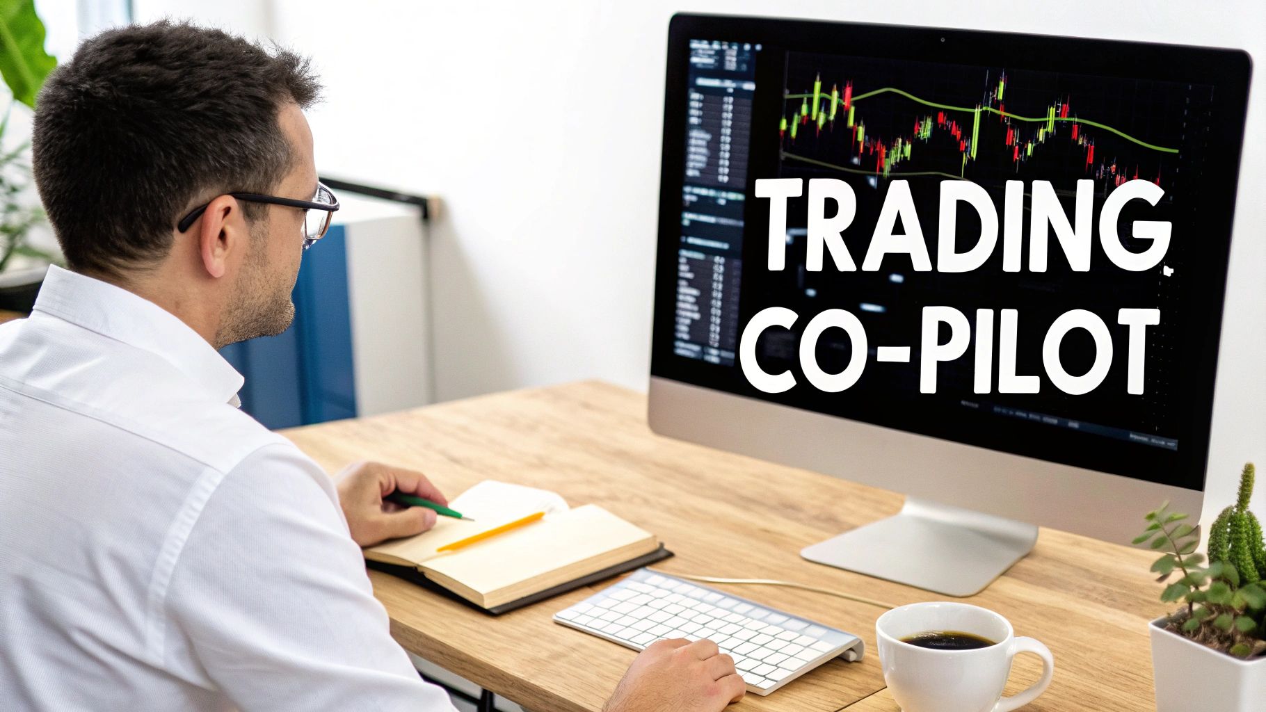 Man at a desk looking at a computer screen displaying 'TRADING CO-PILOT' and financial charts. Man at a desk looking at a computer screen displaying 'TRADING CO-PILOT' and financial charts.