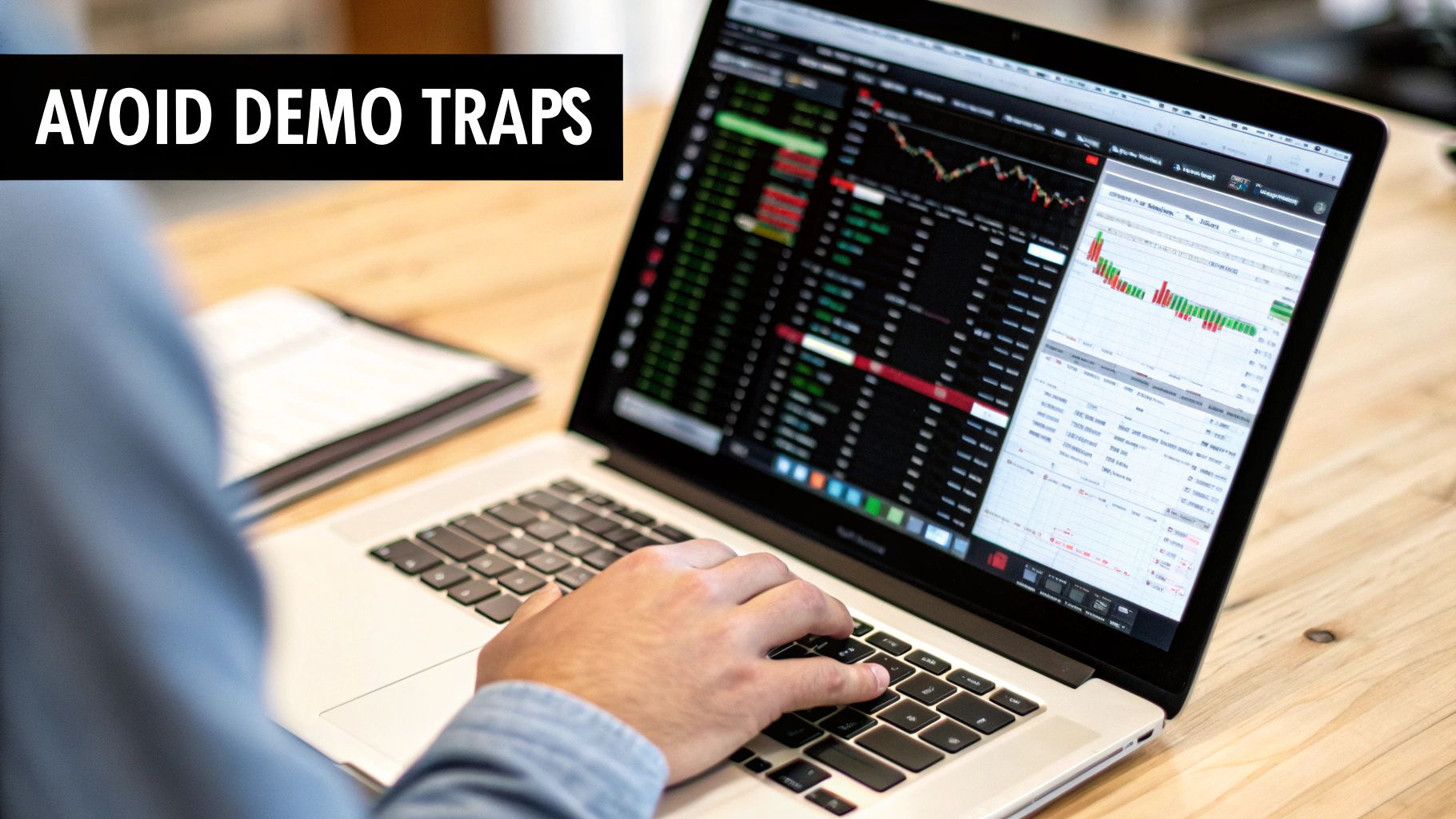 A person's hands are typing on a laptop displaying financial charts and the text 'AVOID DEMO TRAPS'.