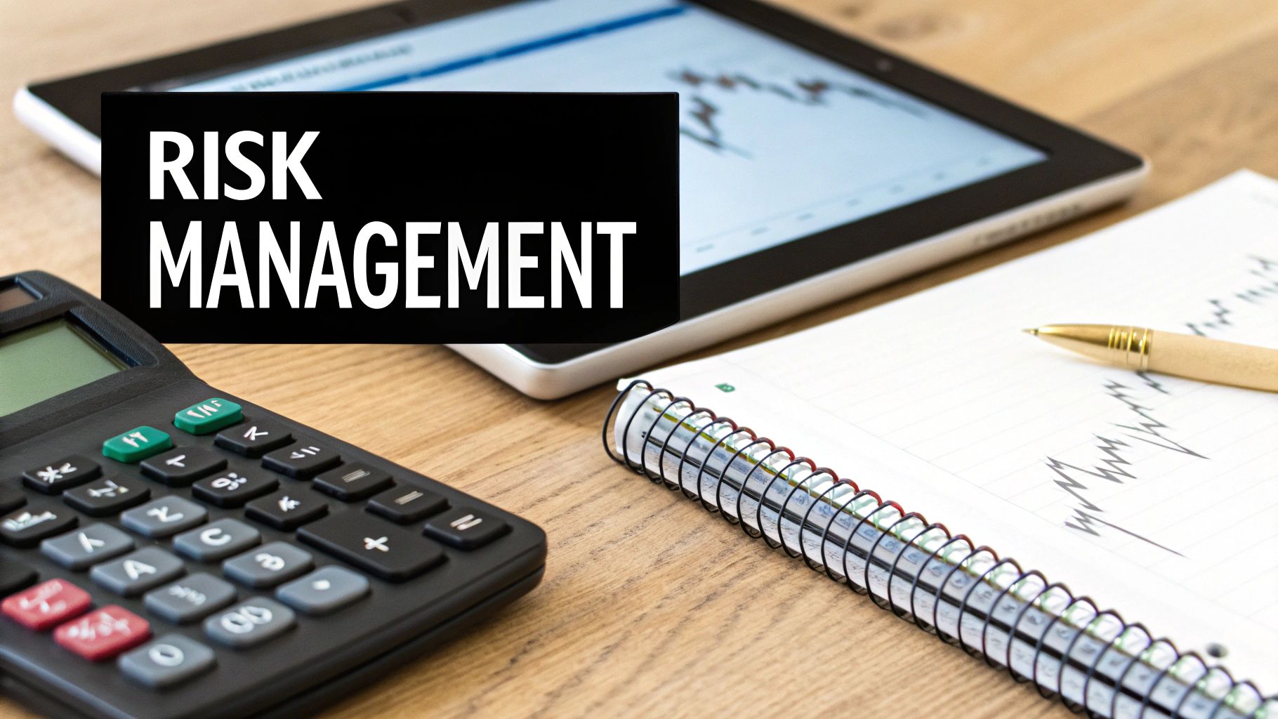 A calculator, tablet, and notepad with financial charts on a desk, featuring text 'RISK MANAGEMENT'.