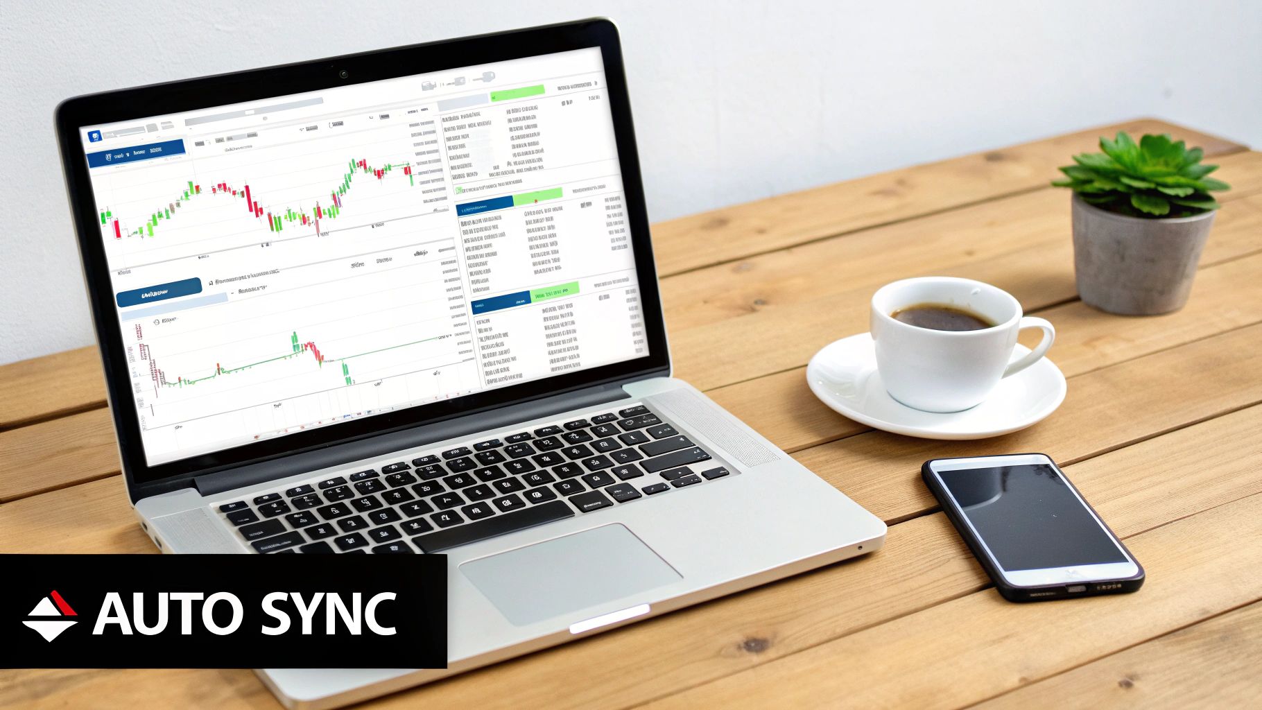 A laptop displaying financial charts, coffee, and smartphone on a wooden desk, with an 'Auto Sync' logo.
