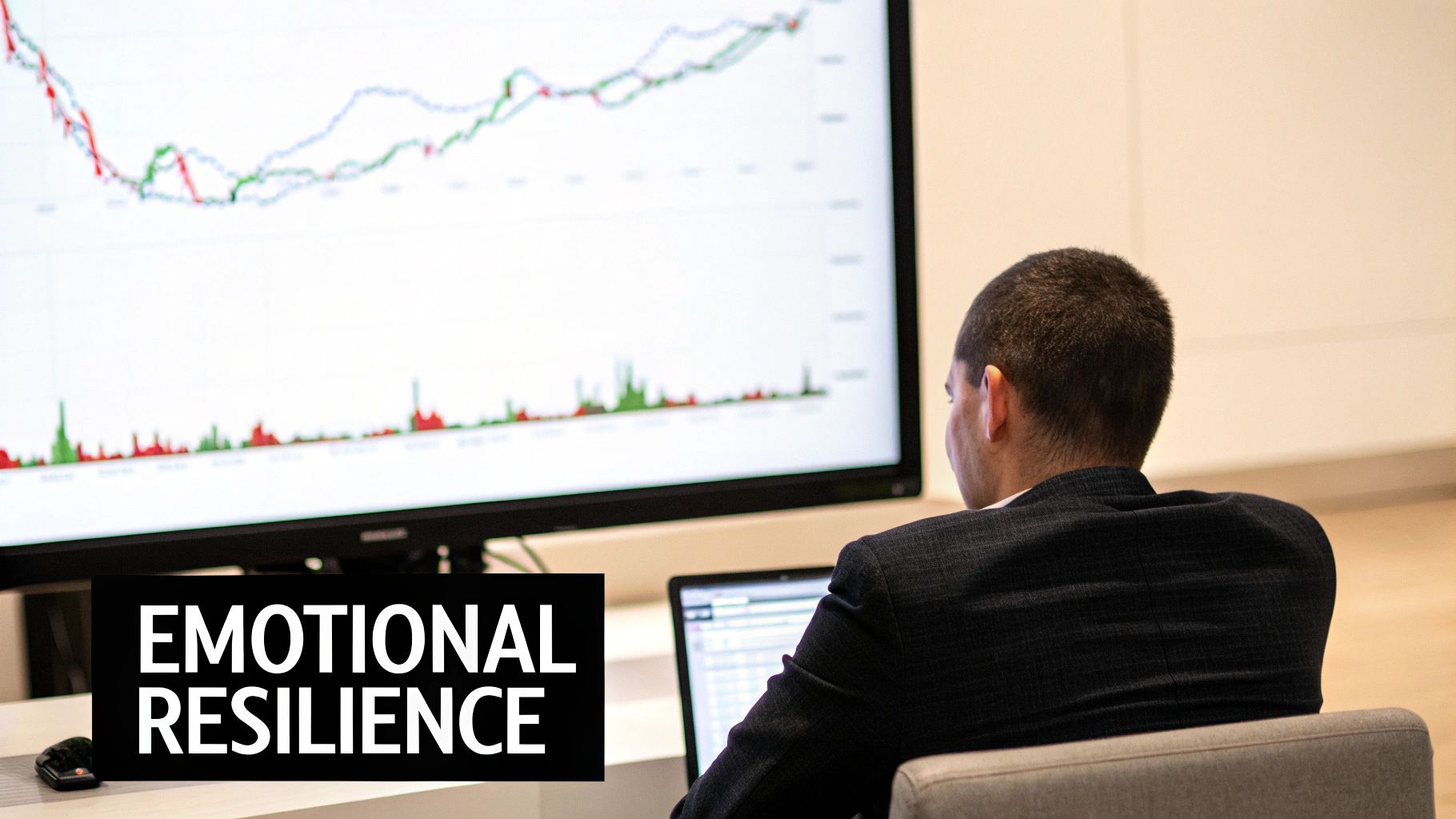 A person calmly meditating in front of a fluctuating trading chart, symbolizing mental control over market chaos.