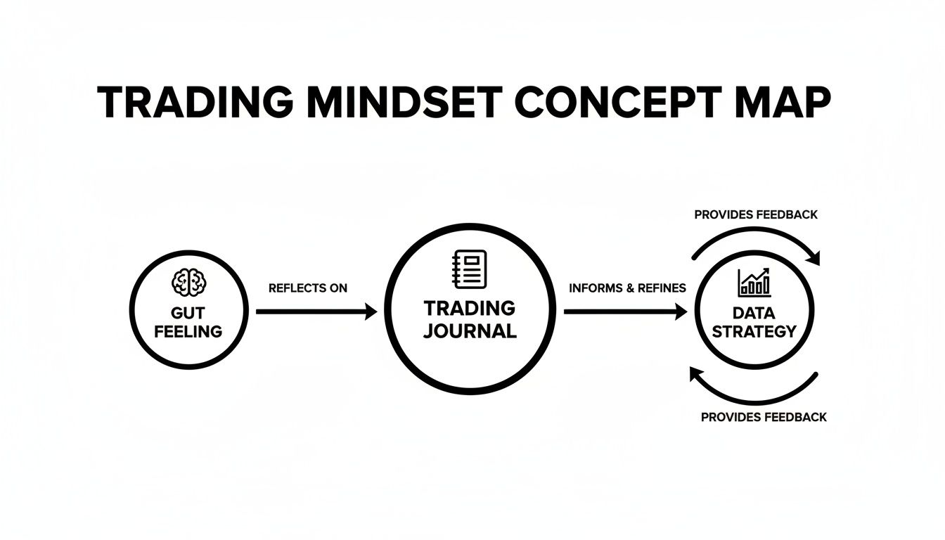 A concept map showing the trading mindset, linking gut feeling to a trading journal and data strategy.