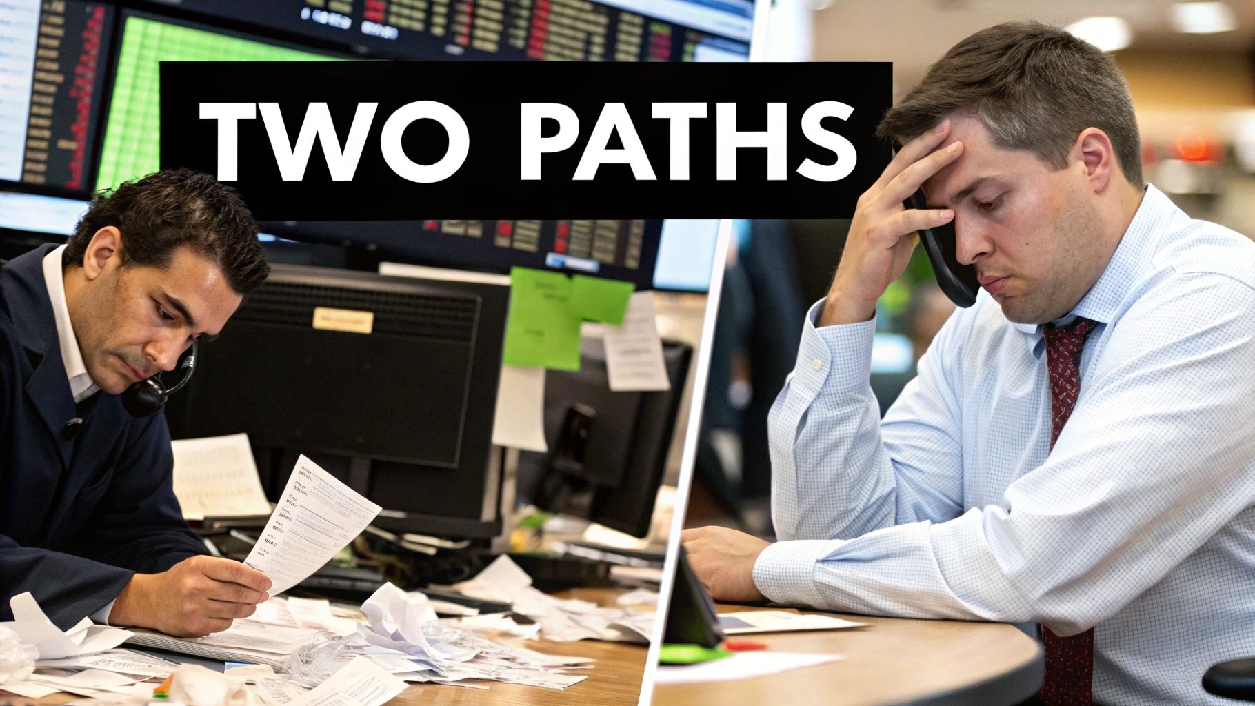 A split-screen image showing a stressed trader on one side and a calm, focused trader on the other, representing two different approaches to risk. A split-screen image showing a stressed trader on one side and a calm, focused trader on the other, representing two different approaches to risk.