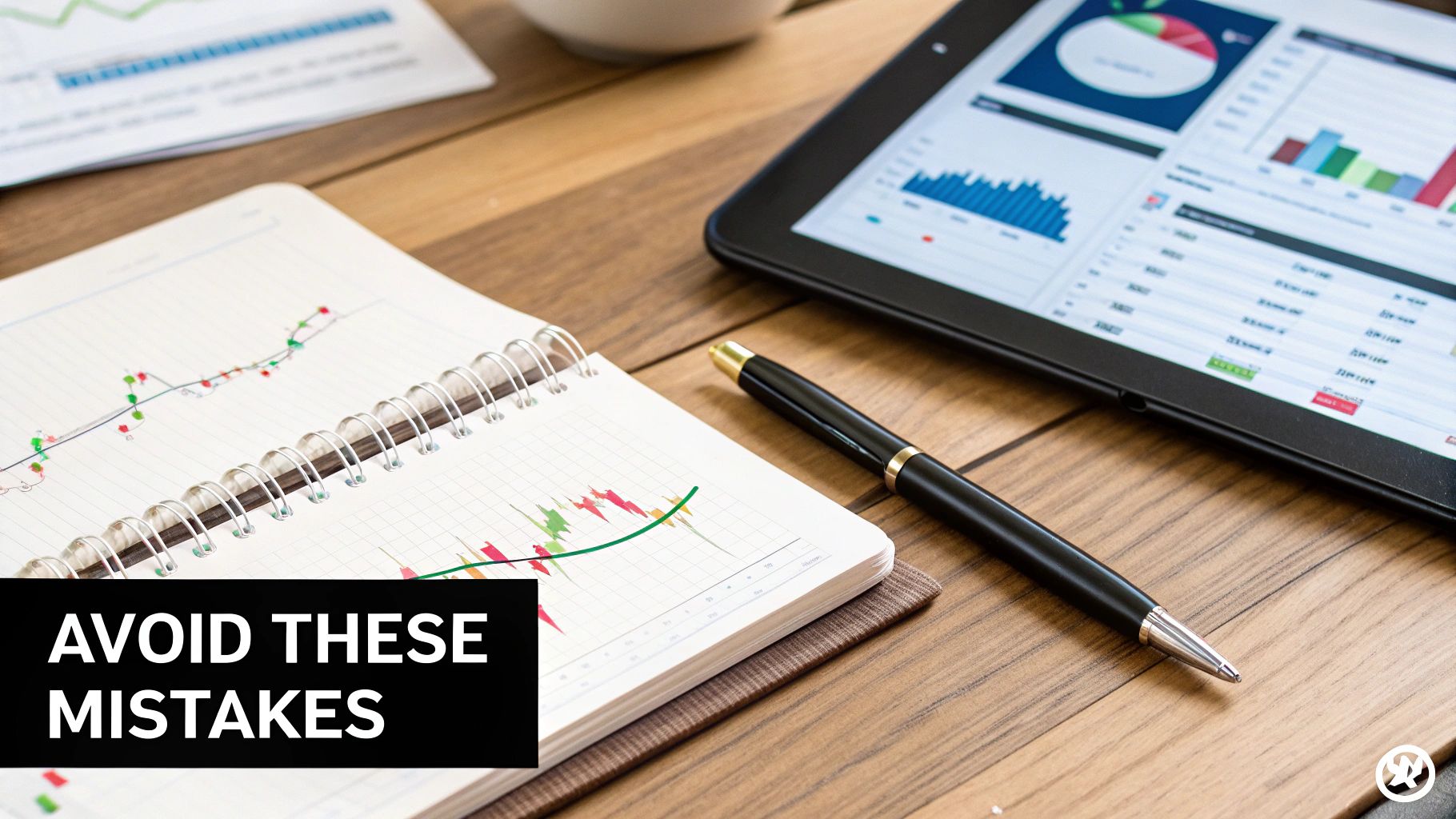 Overhead view of a workspace with financial charts on a notebook and tablet, highlighting 'AVOID THESE MISTAKES'.