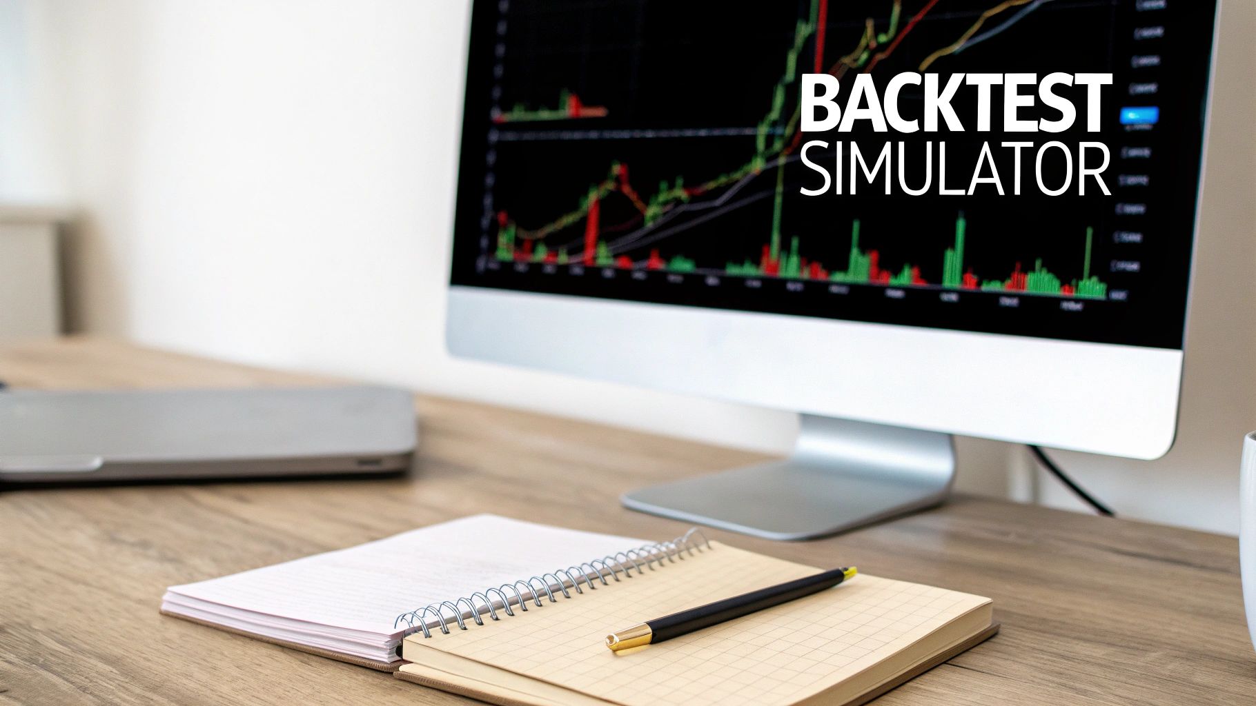 A desktop computer displays a 'BACKTEST SIMULATOR' with financial charts, next to a notebook and pen.