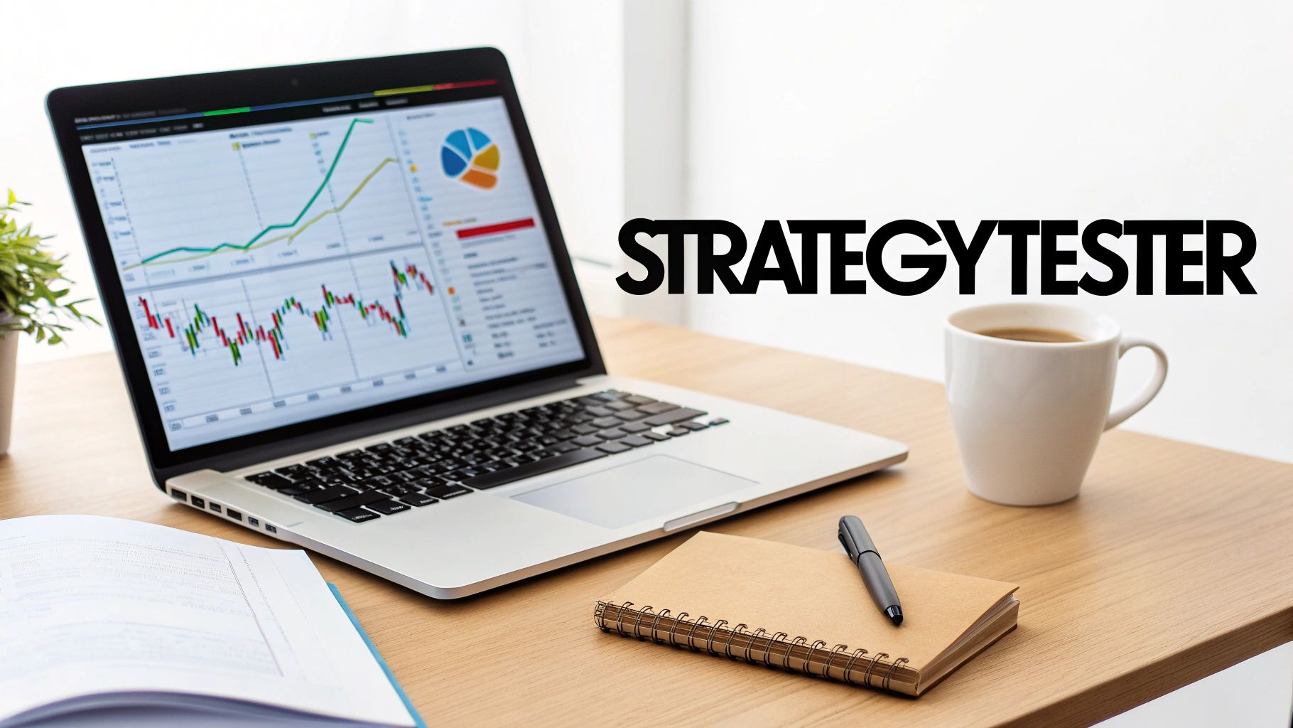 A laptop displays financial charts and data on a wooden desk with a coffee cup and notebook, text says 'STRATEGYTESTER'. A laptop displays financial charts and data on a wooden desk with a coffee cup and notebook, text says 'STRATEGYTESTER'.