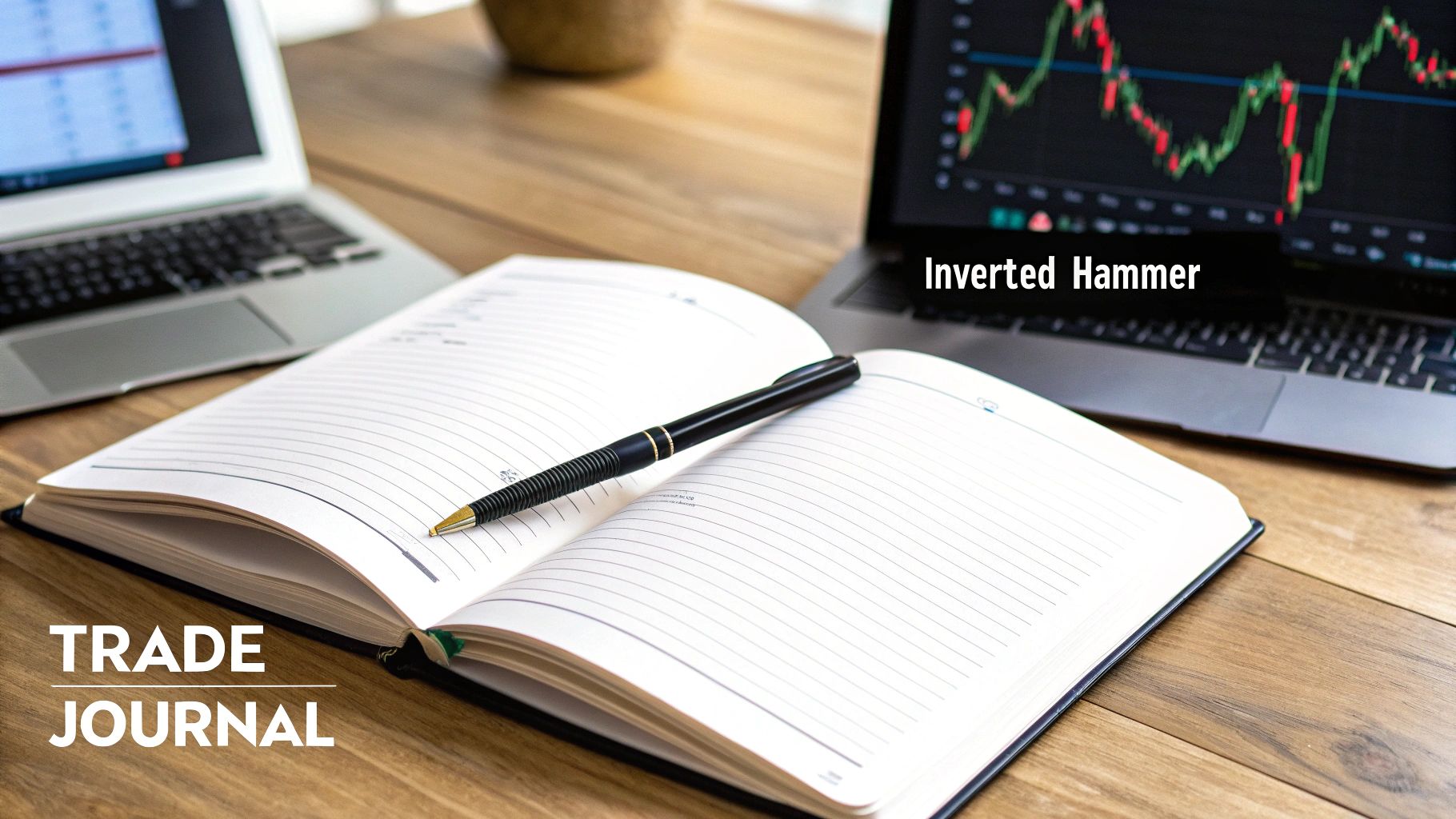A wooden desk with laptops and an open trade journal. One laptop displays an "Inverted Hammer" stock chart.