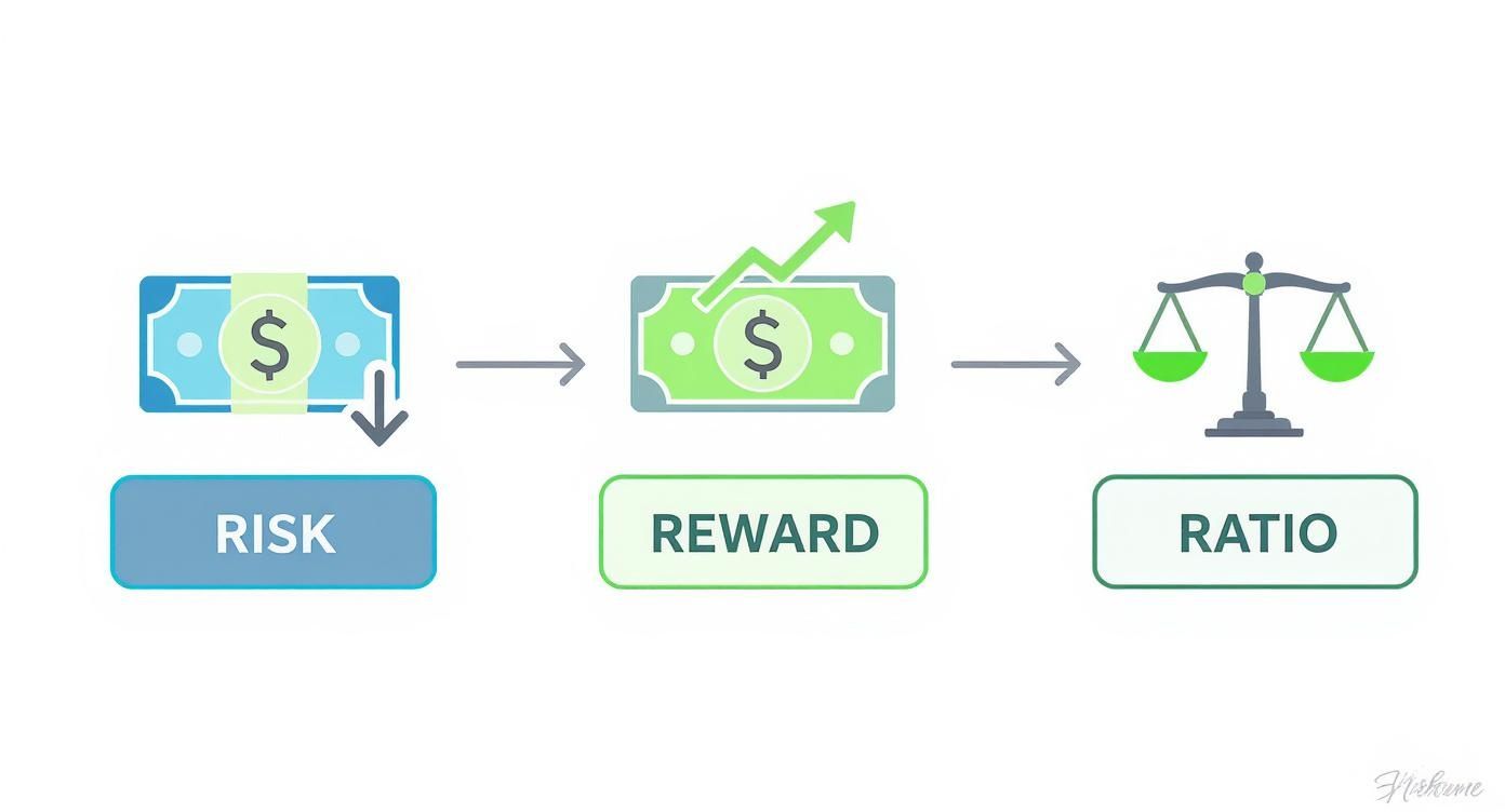 Infographic illustrating the concept of financial risk, reward, and their ratio using money symbols and scales.
