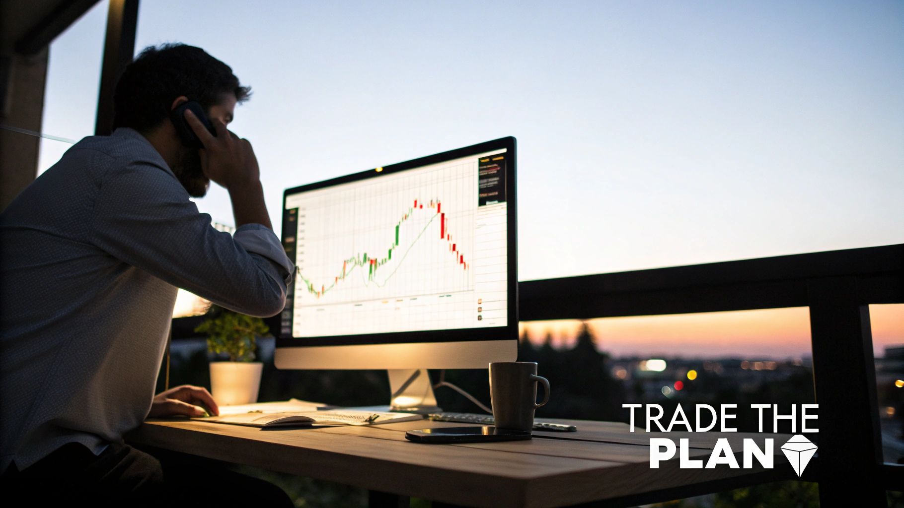 Man on a balcony talking on phone while looking at stock charts on a computer at sunset.