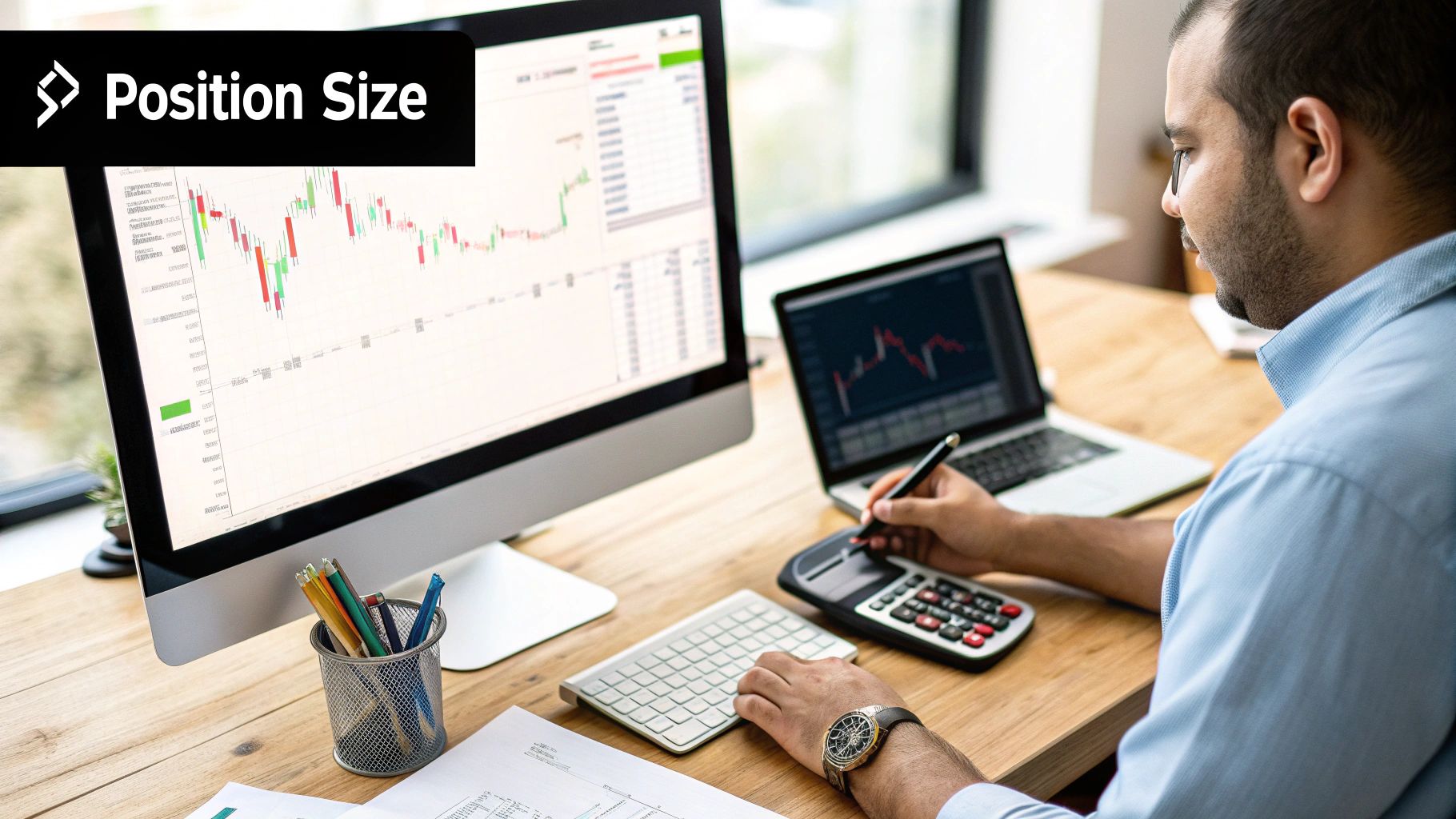 A close-up shot of a calculator and financial charts on a desk, representing trading calculations. A close-up shot of a calculator and financial charts on a desk, representing trading calculations.