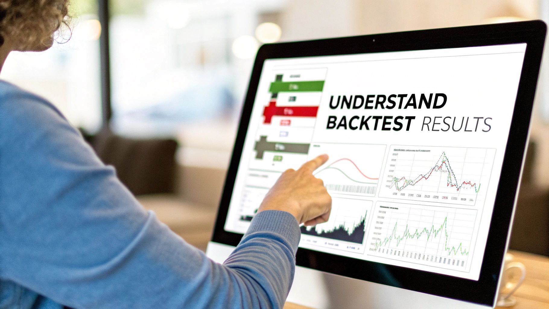 Person analyzing financial performance data and graphs on a computer screen labeled 'Understand Backtest Results'.
