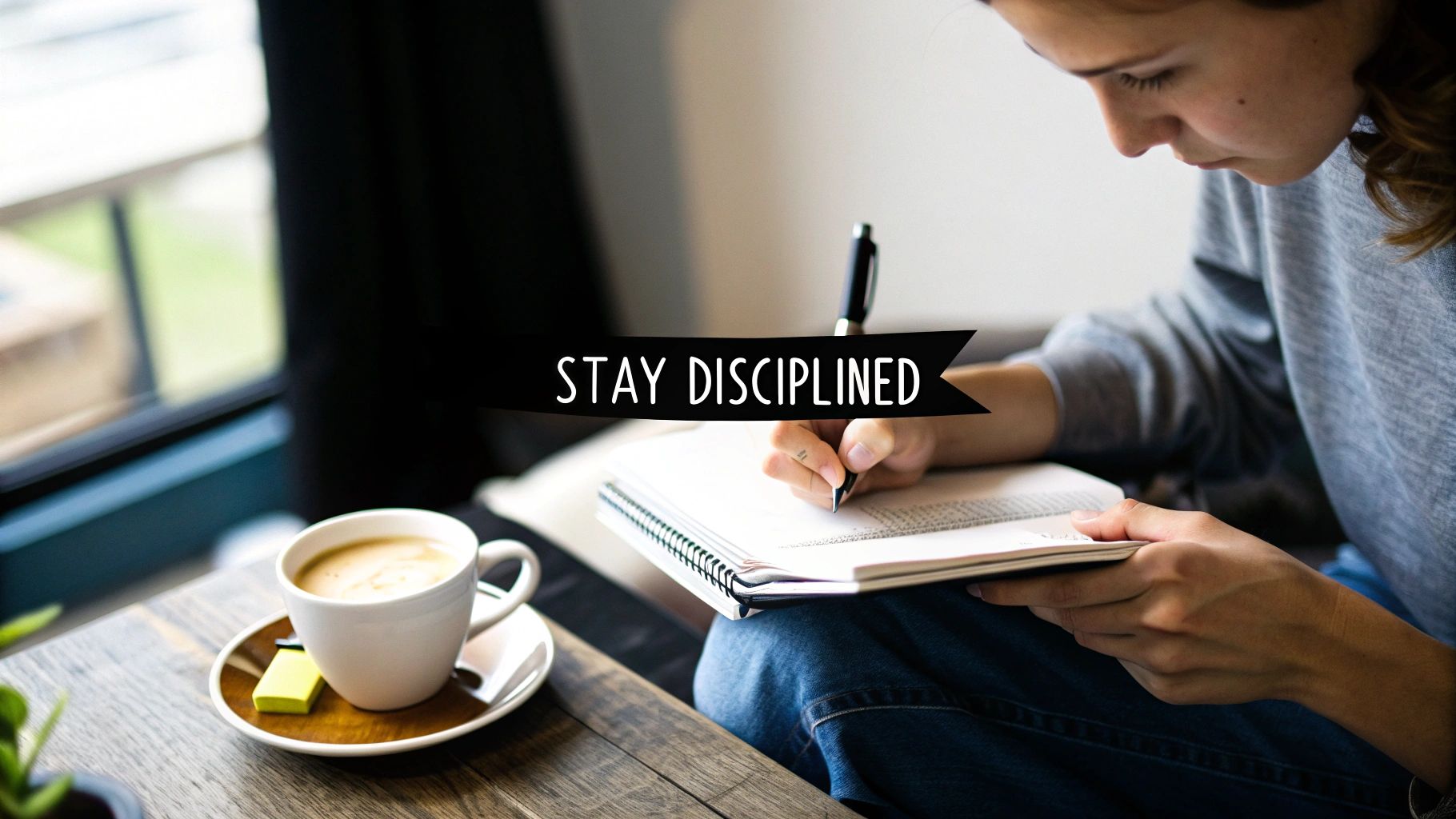 A person sitting calmly at a trading desk, symbolizing mental discipline in trading.