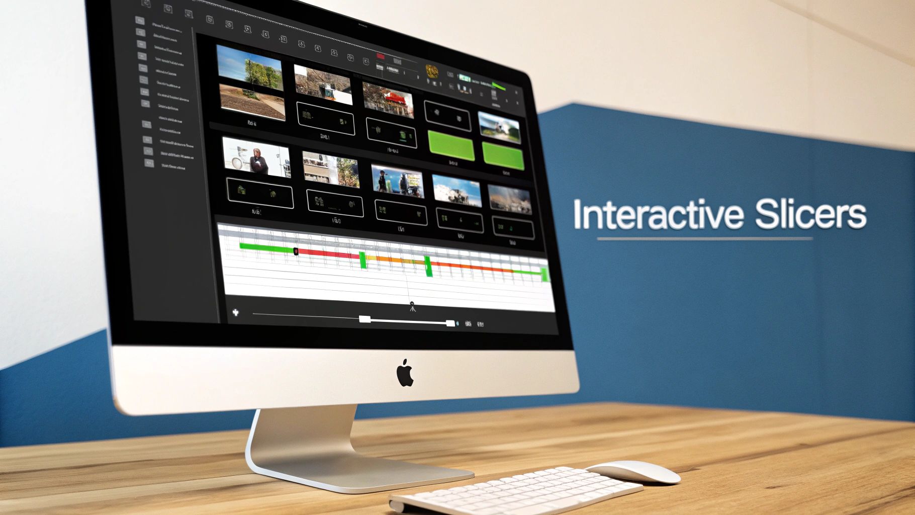 An Apple iMac displays a video editing timeline with clips, on a desk, next to 'Interactive Slicers'. An Apple iMac displays a video editing timeline with clips, on a desk, next to 'Interactive Slicers'.