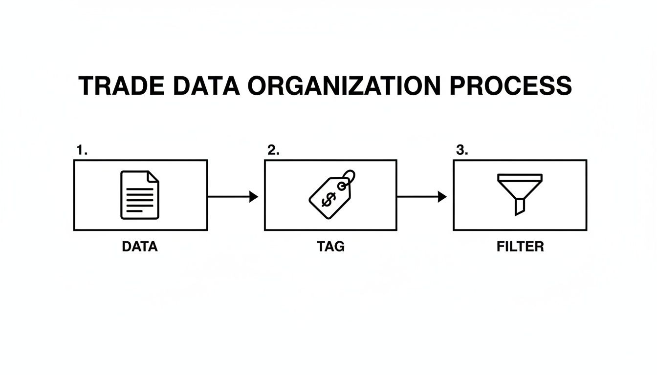 A flowchart illustrating the trade data organization process with steps: data, tag, and filter.