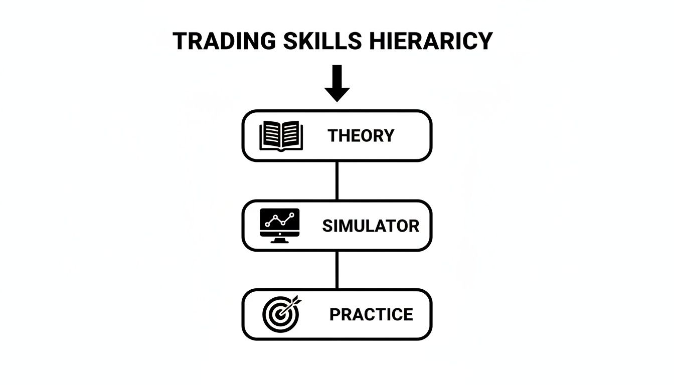 A trading skills hierarchy flowchart illustrating the progression from Theory to Simulator to Practice.