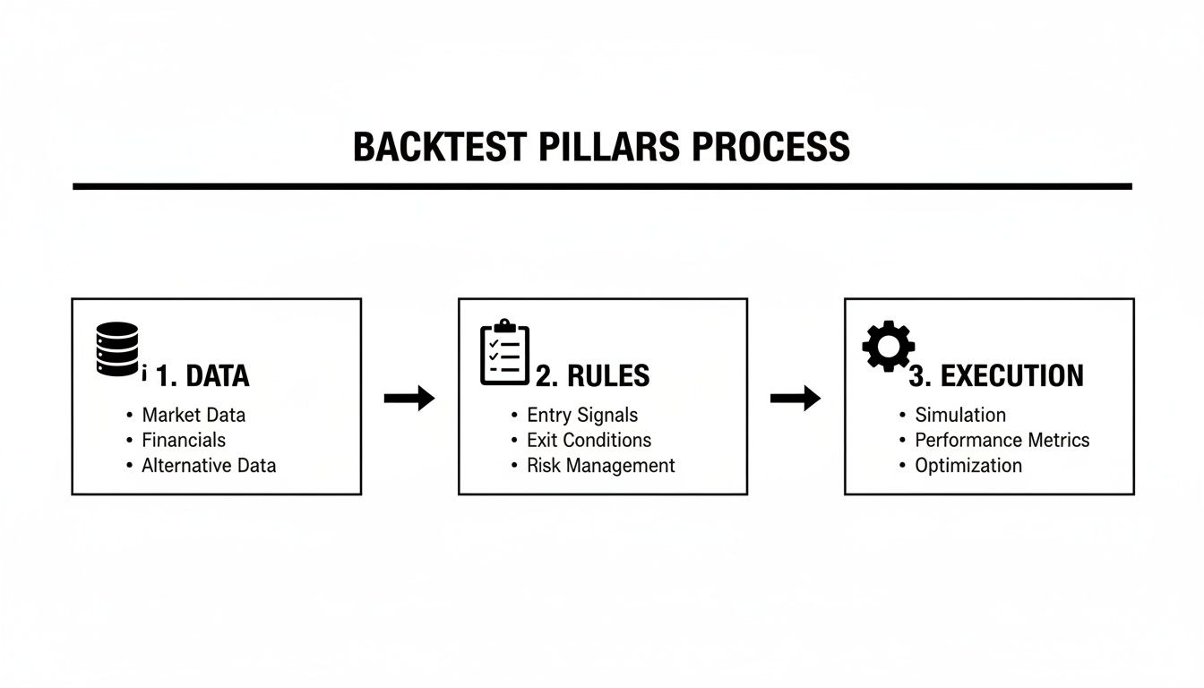 A diagram outlining the backtest pillars process: Data, Rules, and Execution stages with their components.