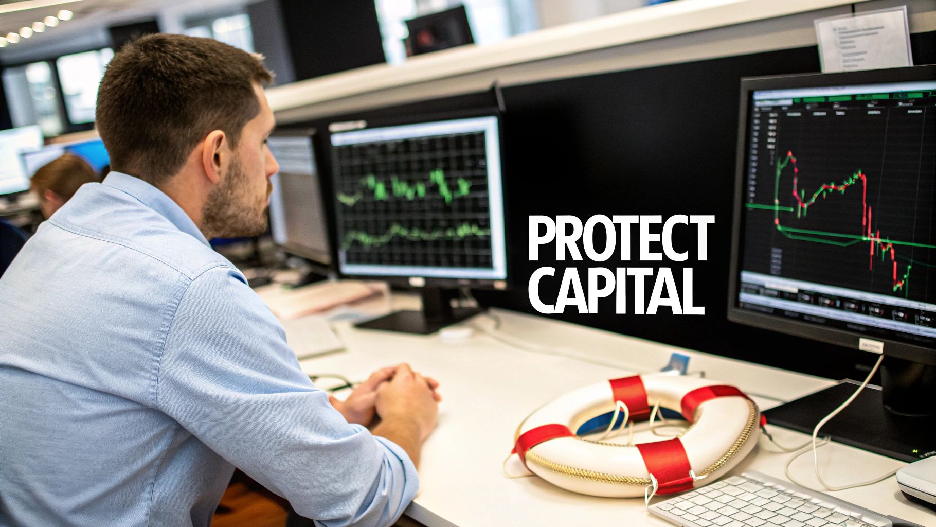 A trader analyzing charts on a computer screen, symbolizing careful risk management. A trader analyzing charts on a computer screen, symbolizing careful risk management.