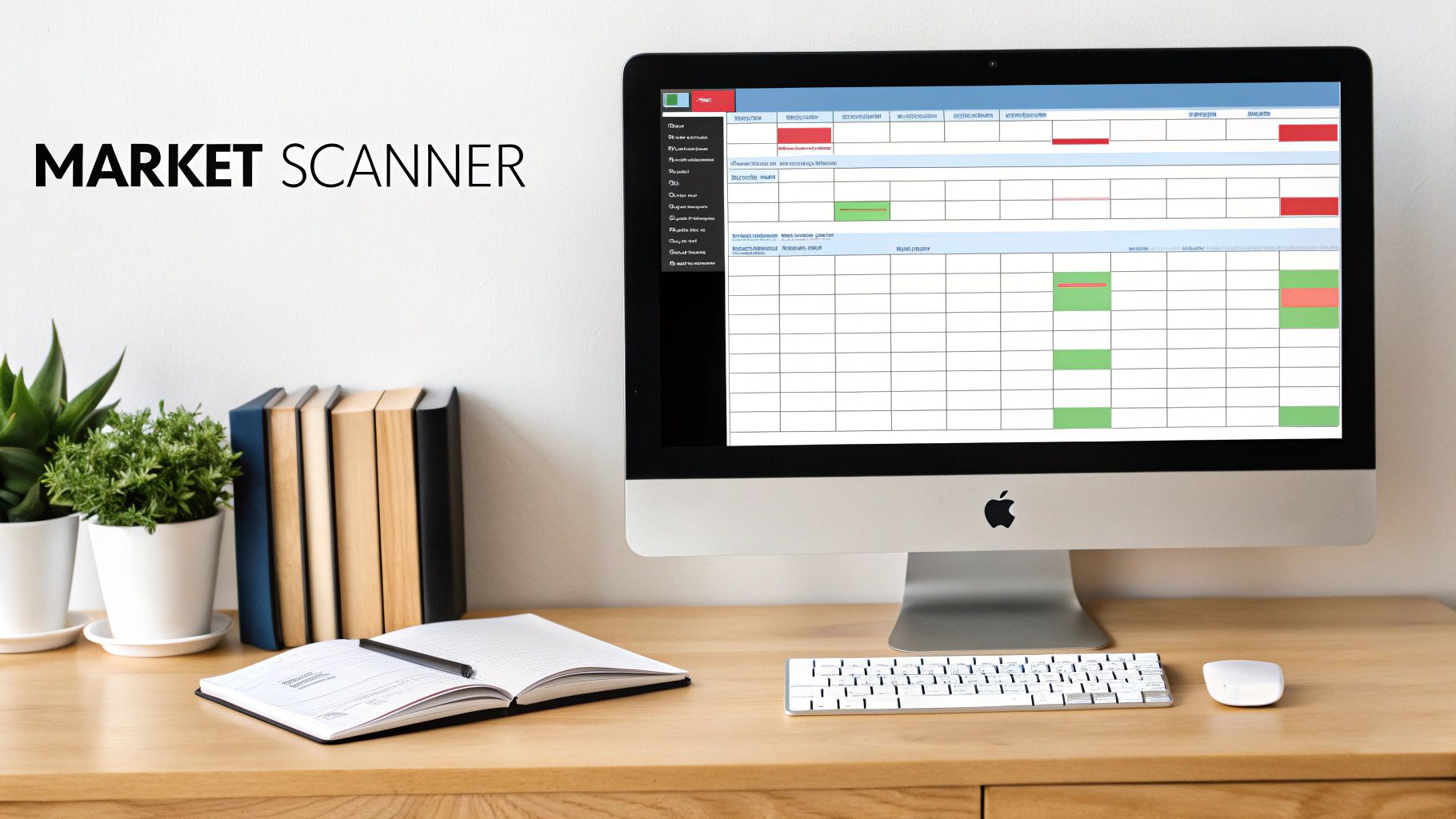 Modern workspace with a computer monitor displaying a market scanner application, plants, and office supplies.