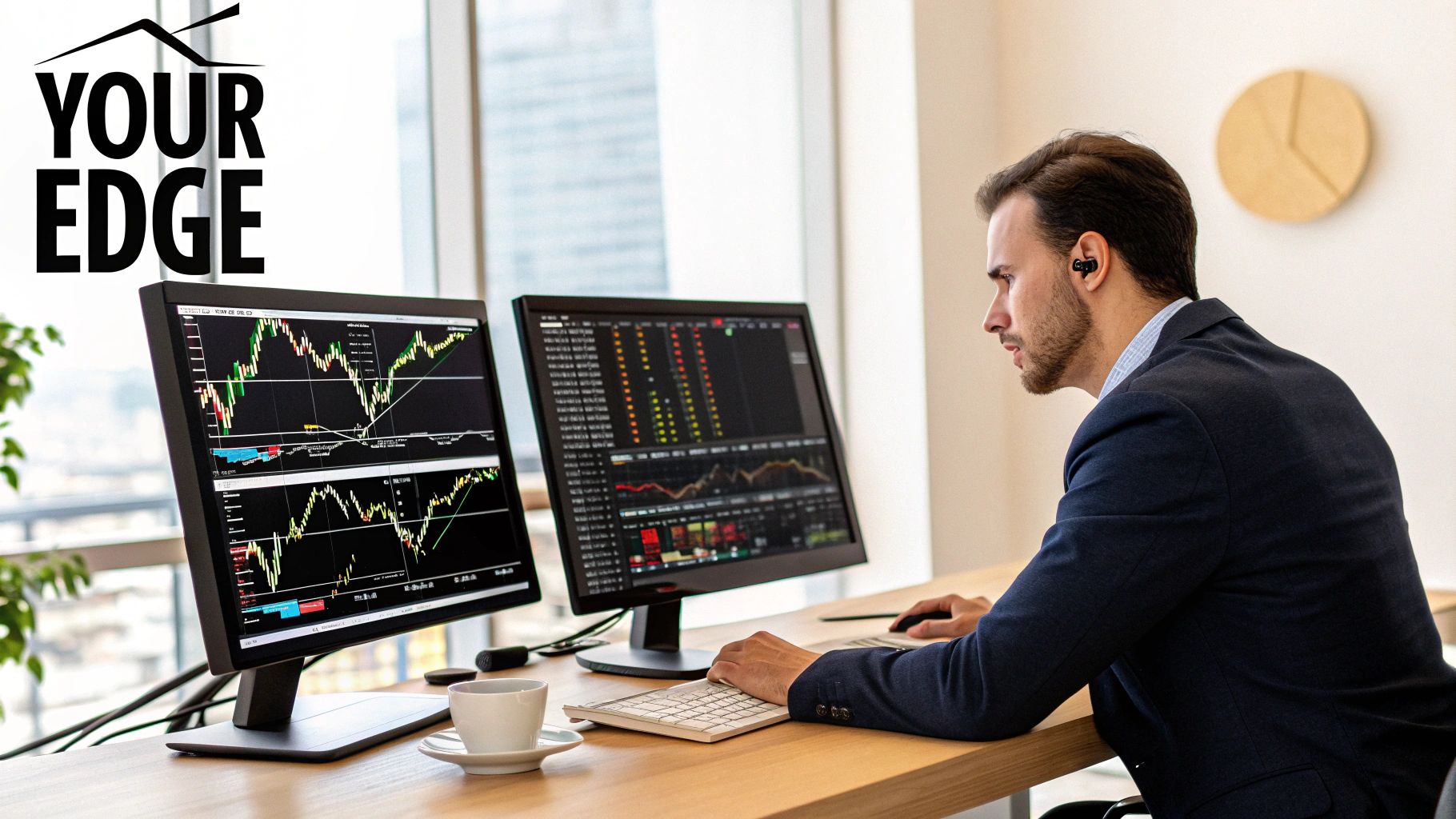 A trader analyzing charts on multiple screens, focusing on risk management metrics.