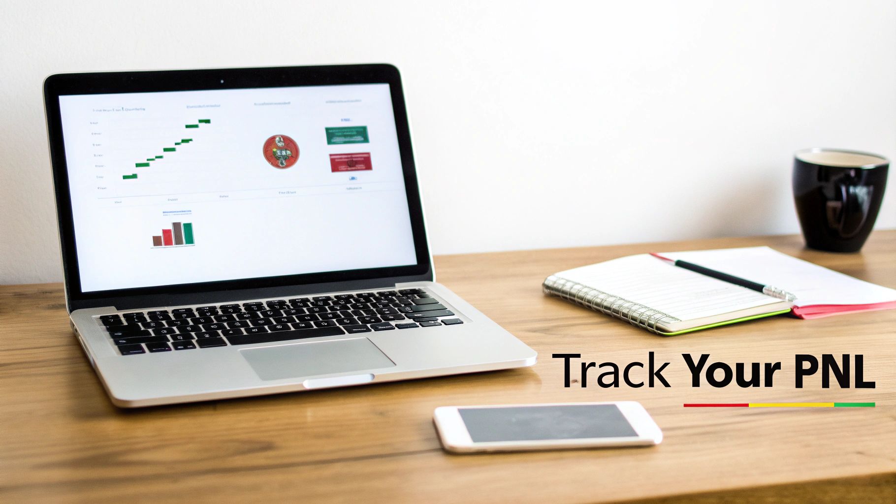 Laptop on a wooden desk showing financial charts, with a smartphone, notebook, and coffee, emphasizing 'Track Your PNL'.