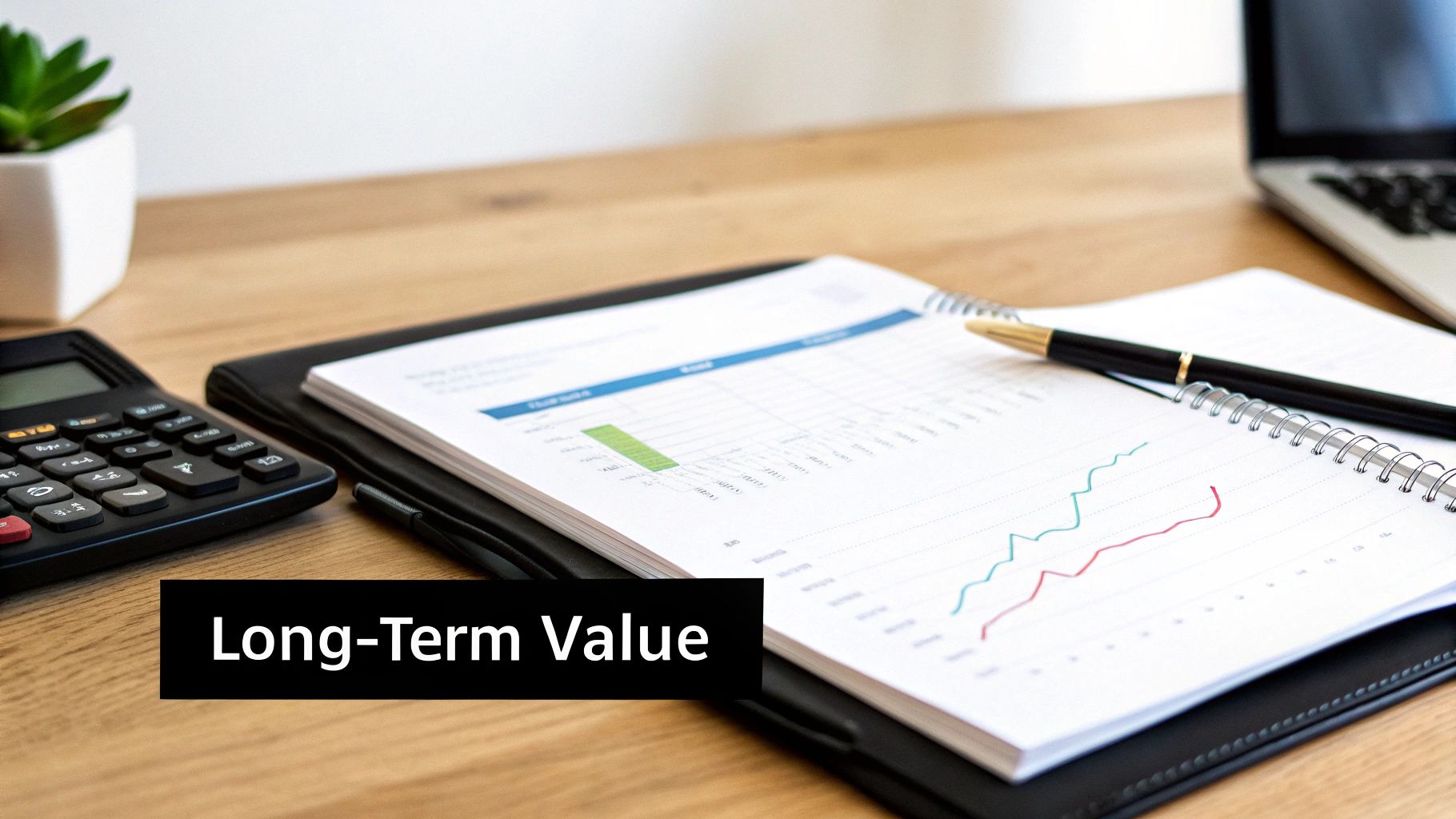 Business desk with financial charts, calculator, and pen showing long-term investment value analysis