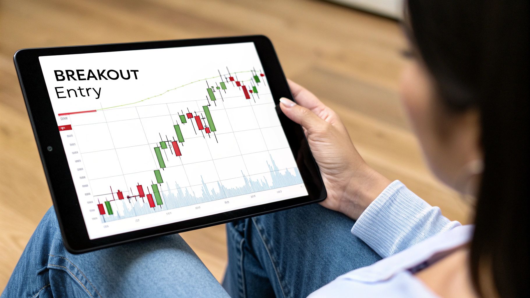 Person holding a tablet displaying a candlestick chart with 'BREAKOUT Entry' text. Person holding a tablet displaying a candlestick chart with 'BREAKOUT Entry' text.