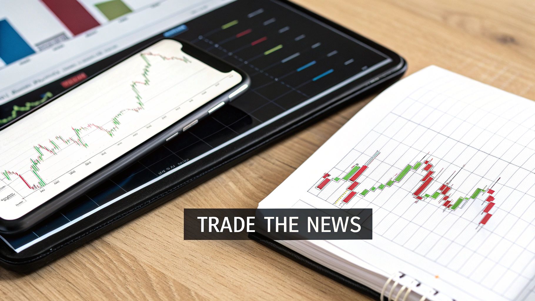Close-up of a smartphone, tablet, and notebook displaying financial candlestick charts for trading. Close-up of a smartphone, tablet, and notebook displaying financial candlestick charts for trading.