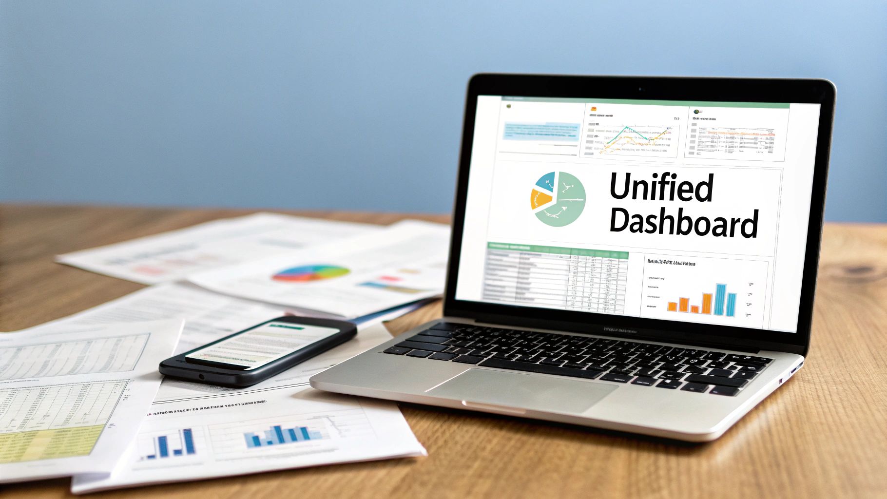 Laptop displaying unified dashboard with charts and graphs for stock portfolio tracking and analysis