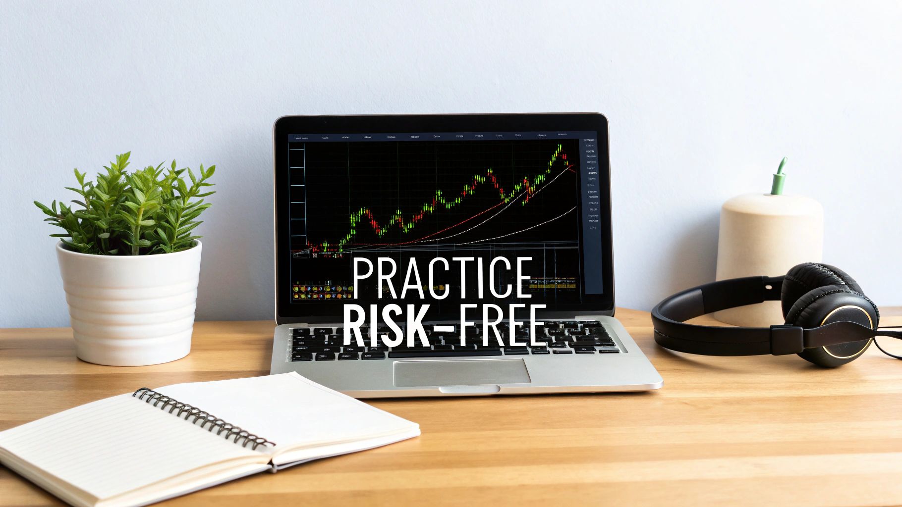 A laptop displays a trading chart with 'PRACTICE RISK-FREE' text, alongside headphones and a notebook.
