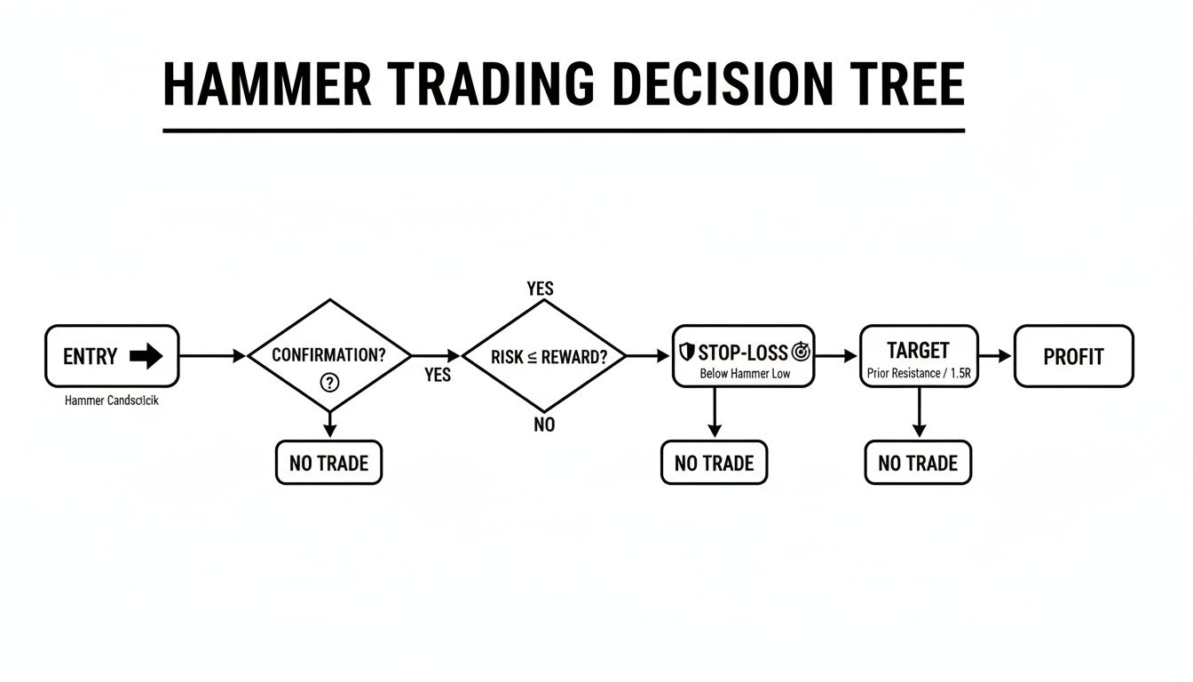 Flowchart illustrating a Hammer candlestick trading decision tree with steps for entry, confirmation, stop-loss, and target.