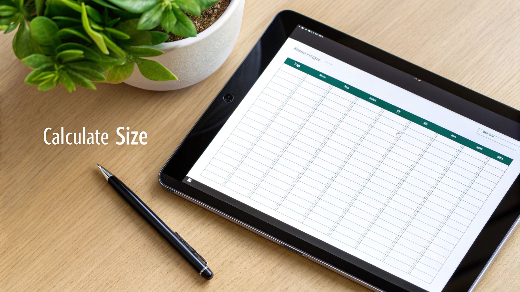A tablet displaying a spreadsheet for calculations, with a pen and a green plant on a wooden desk.