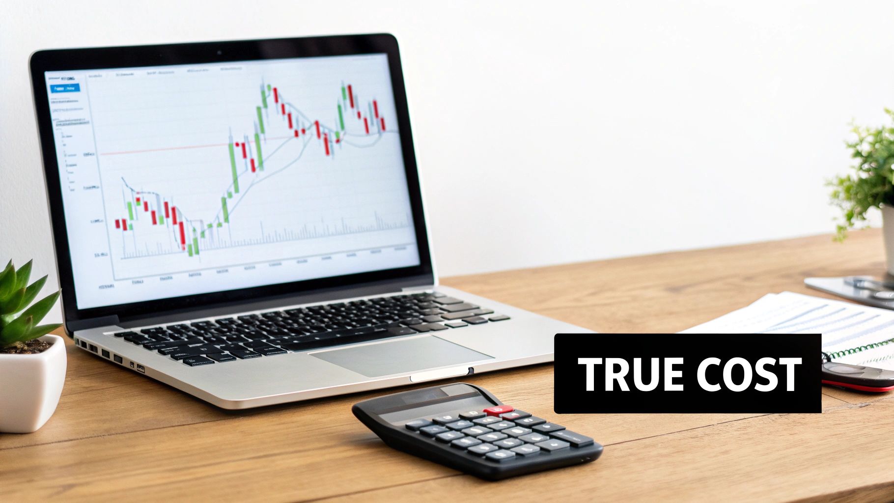 A laptop displaying a financial stock chart with a calculator and 'TRUE COST' text on a wooden desk.