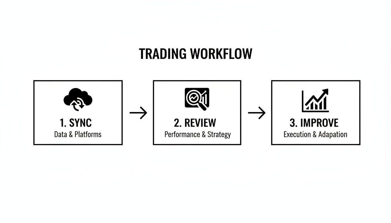 Diagram showing a three-step trading workflow: Sync data, Review performance, and Improve execution.